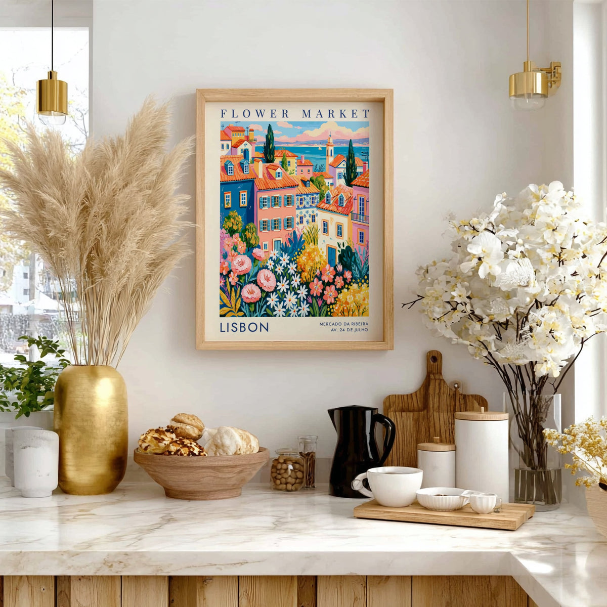 Vibrant flower market poster featuring colorful buildings and flowers in Lisbon