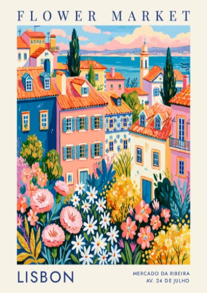 Vibrant flower market poster featuring colorful buildings and flowers in Lisbon