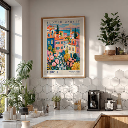 Vibrant flower market poster featuring colorful buildings and flowers in Lisbon