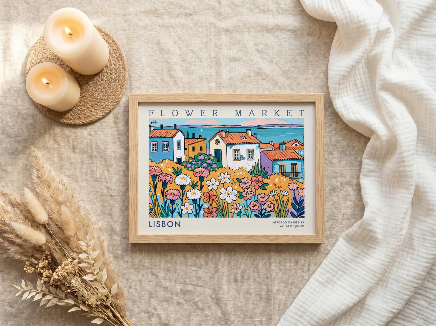 Vibrant flower market poster featuring colorful flowers and Lisbon houses