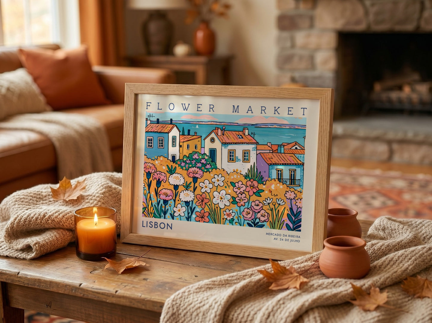 Vibrant flower market poster featuring colorful flowers and Lisbon houses