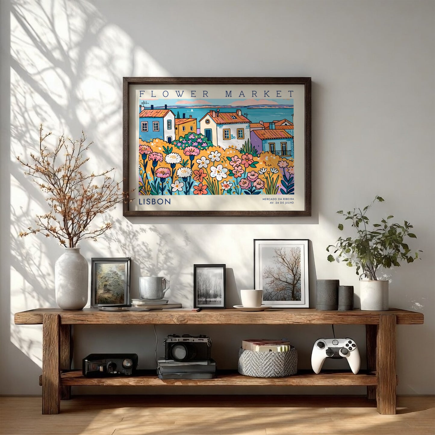 Vibrant flower market poster featuring colorful flowers and Lisbon houses