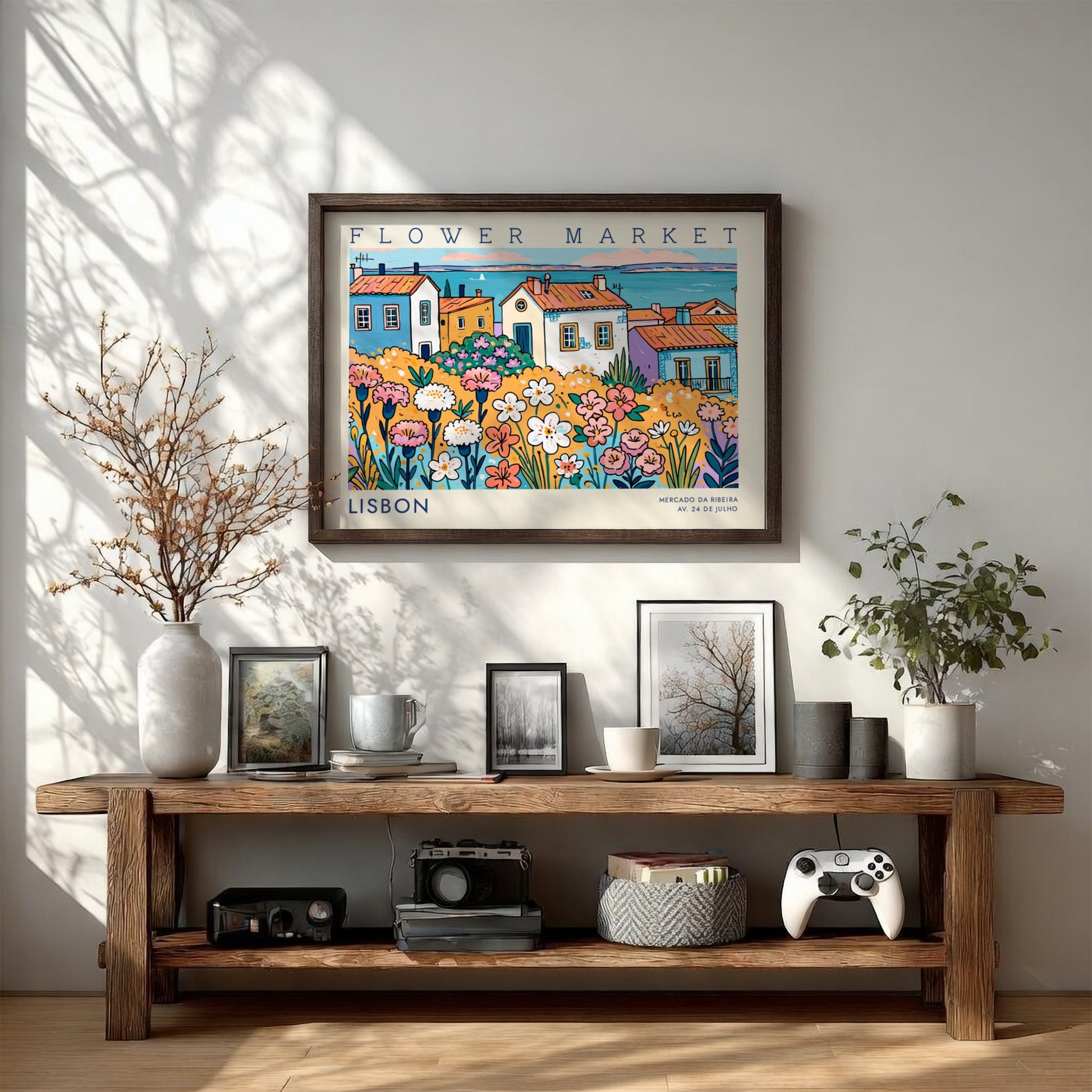 Vibrant flower market poster featuring colorful flowers and Lisbon houses