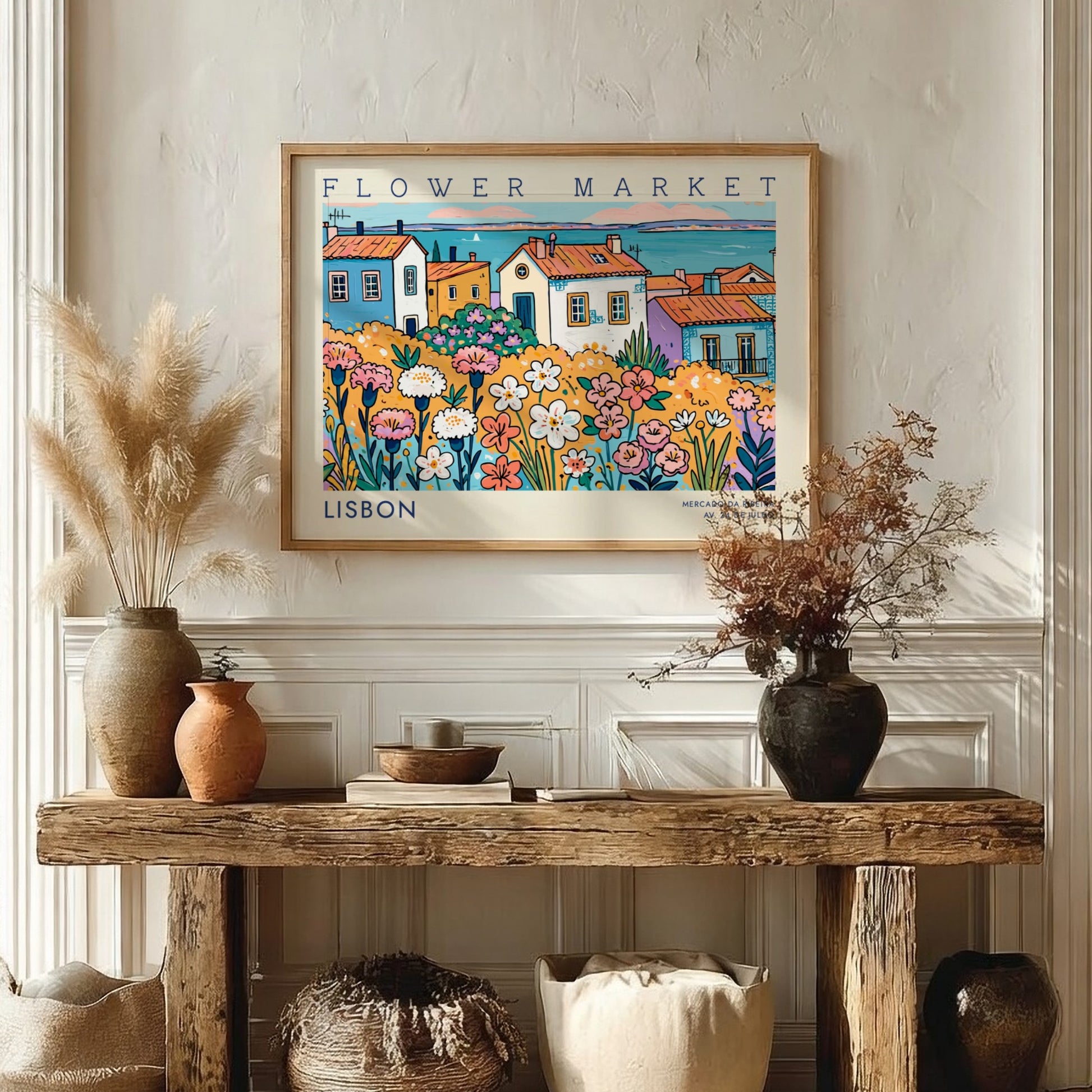 Vibrant flower market poster featuring colorful flowers and Lisbon houses