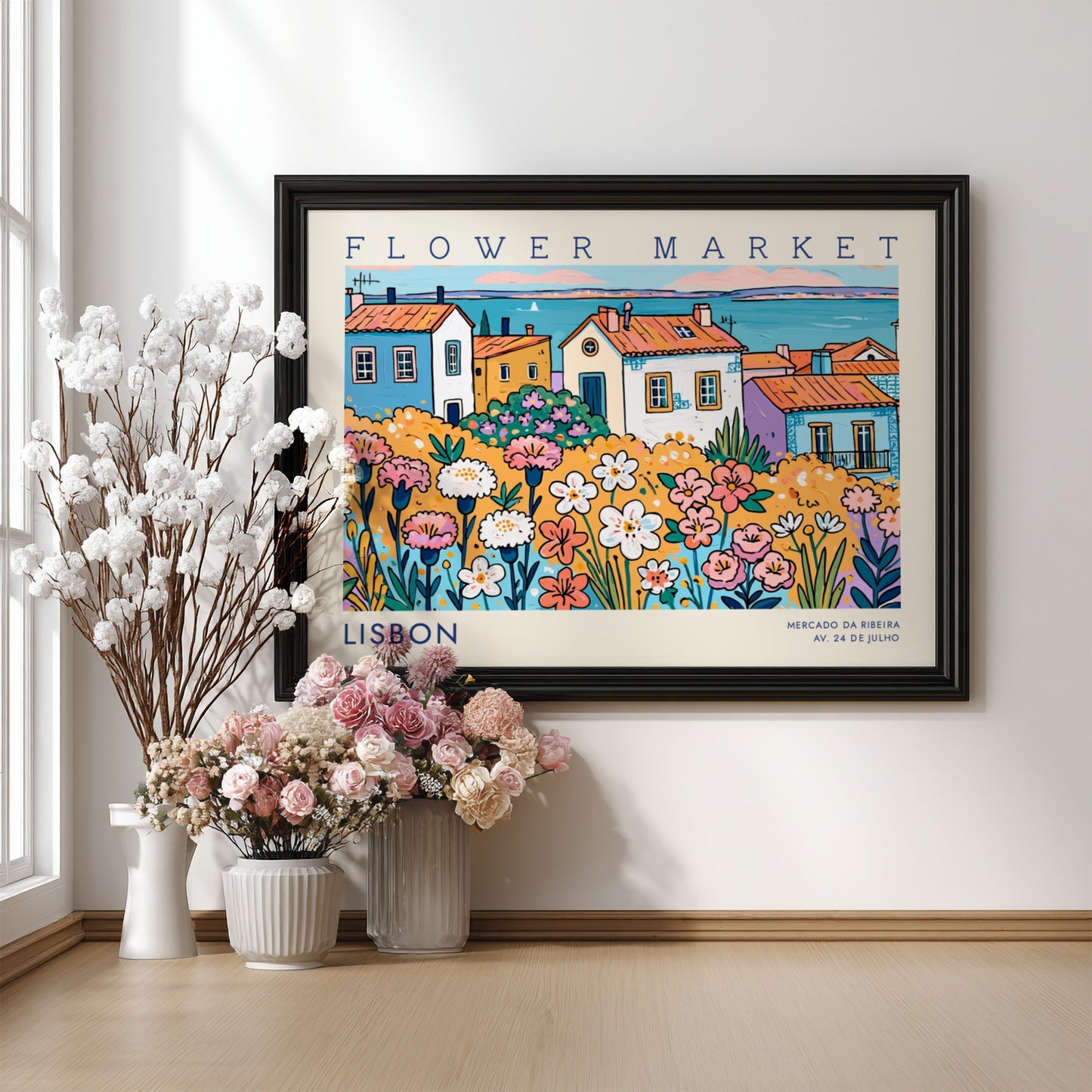 Vibrant flower market poster featuring colorful flowers and Lisbon houses