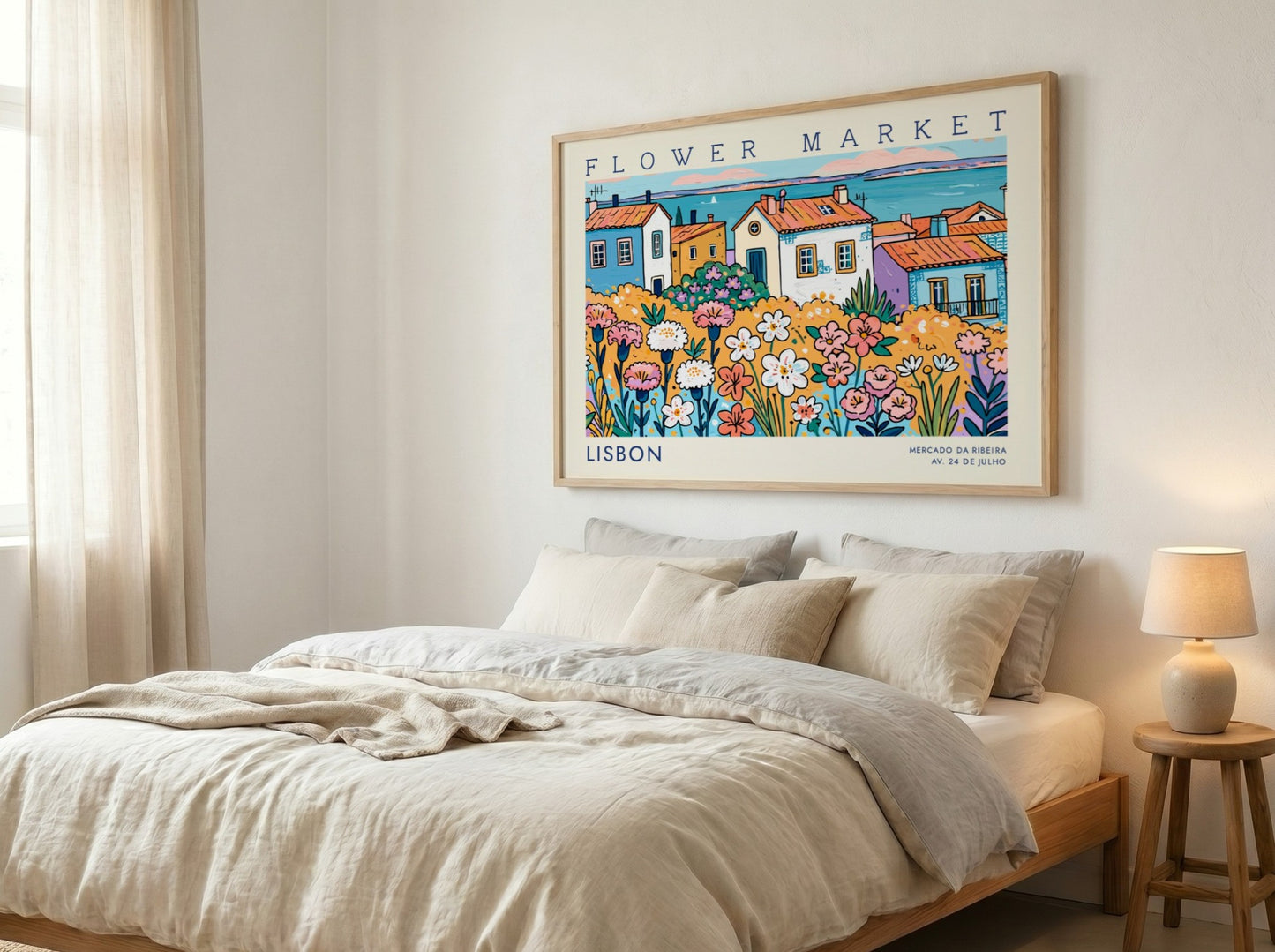 Vibrant flower market poster featuring colorful flowers and Lisbon houses