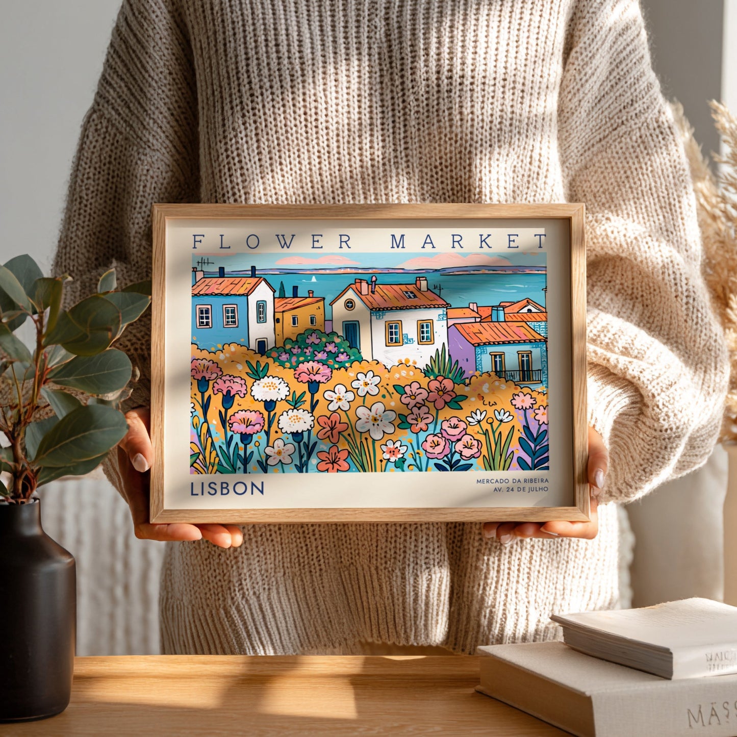 Vibrant flower market poster featuring colorful flowers and Lisbon houses