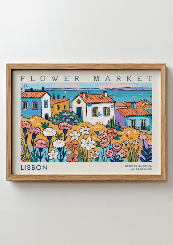 Vibrant flower market poster featuring colorful flowers and Lisbon houses