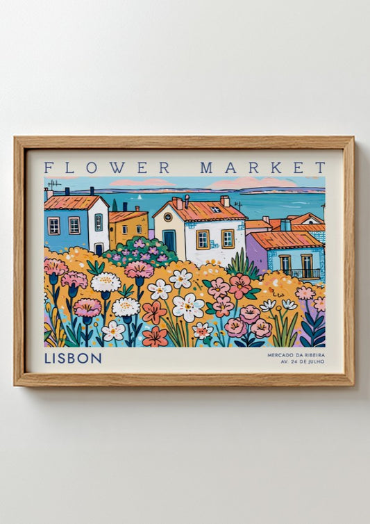 Vibrant flower market poster featuring colorful flowers and Lisbon houses