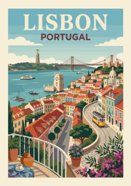 Lisbon Portugal travel poster with cityscape, river, bridge, and tram in a retro style.