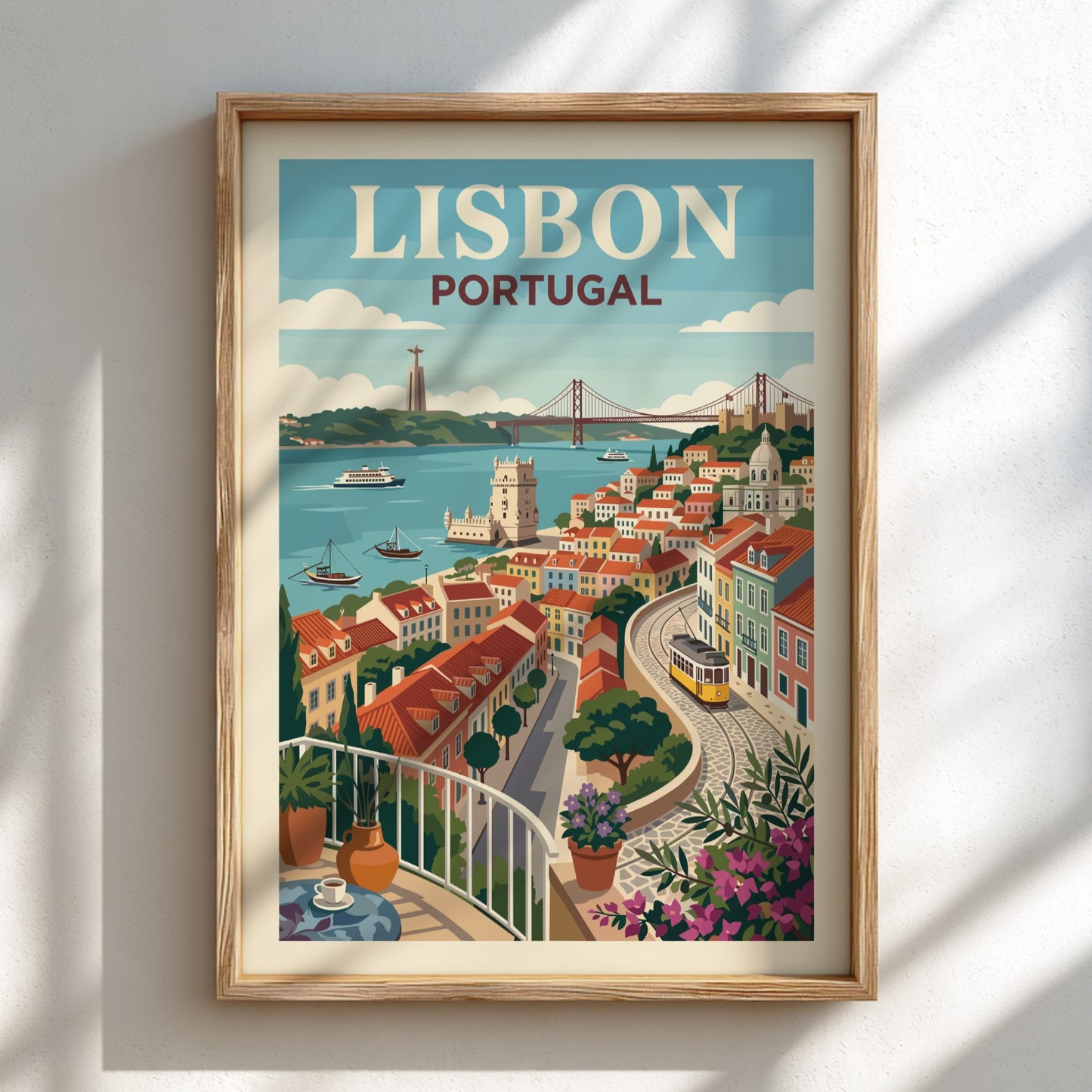 Lisbon Portugal travel poster with cityscape, river, bridge, and tram in a retro style.