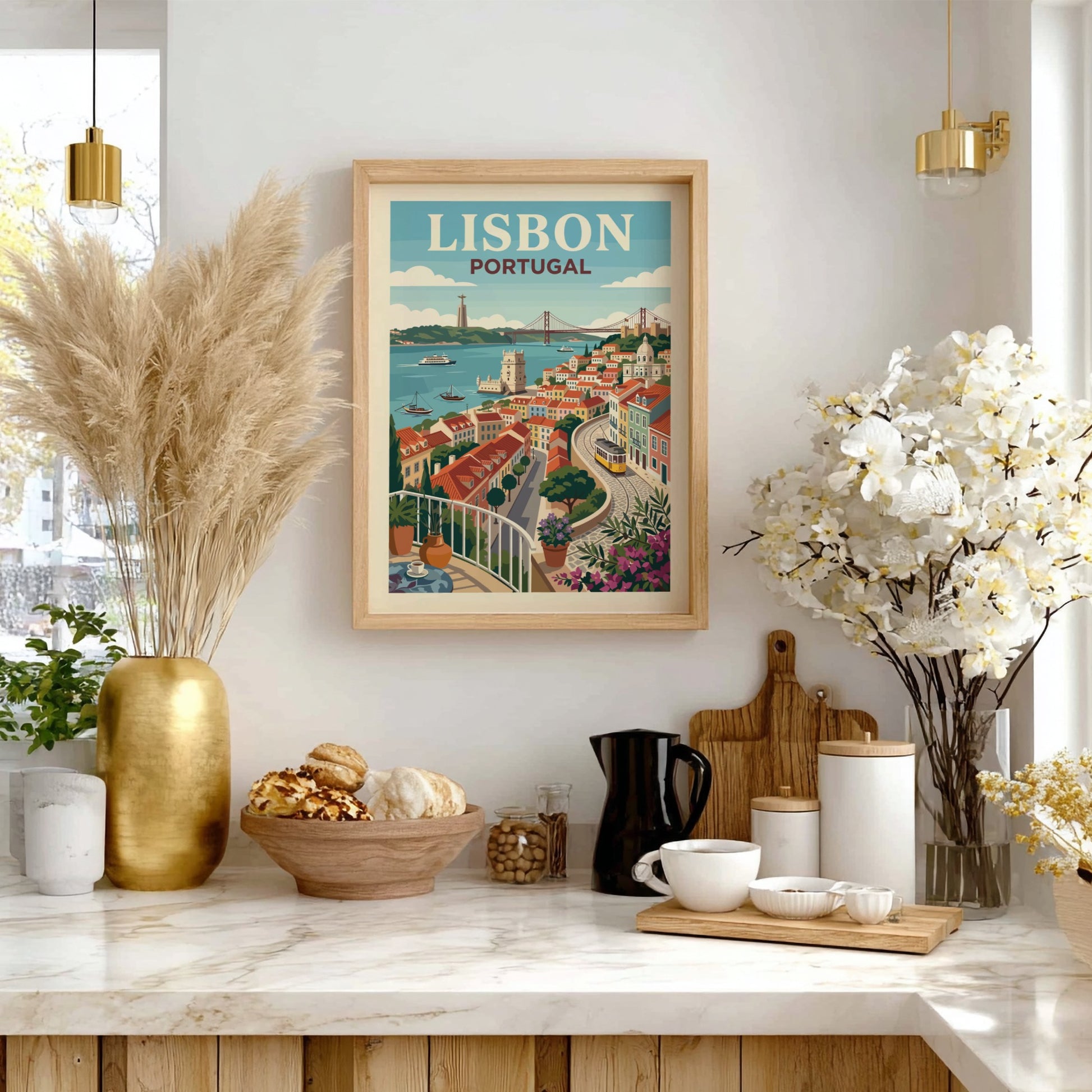 Lisbon Portugal travel poster with cityscape, river, bridge, and tram in a retro style.
