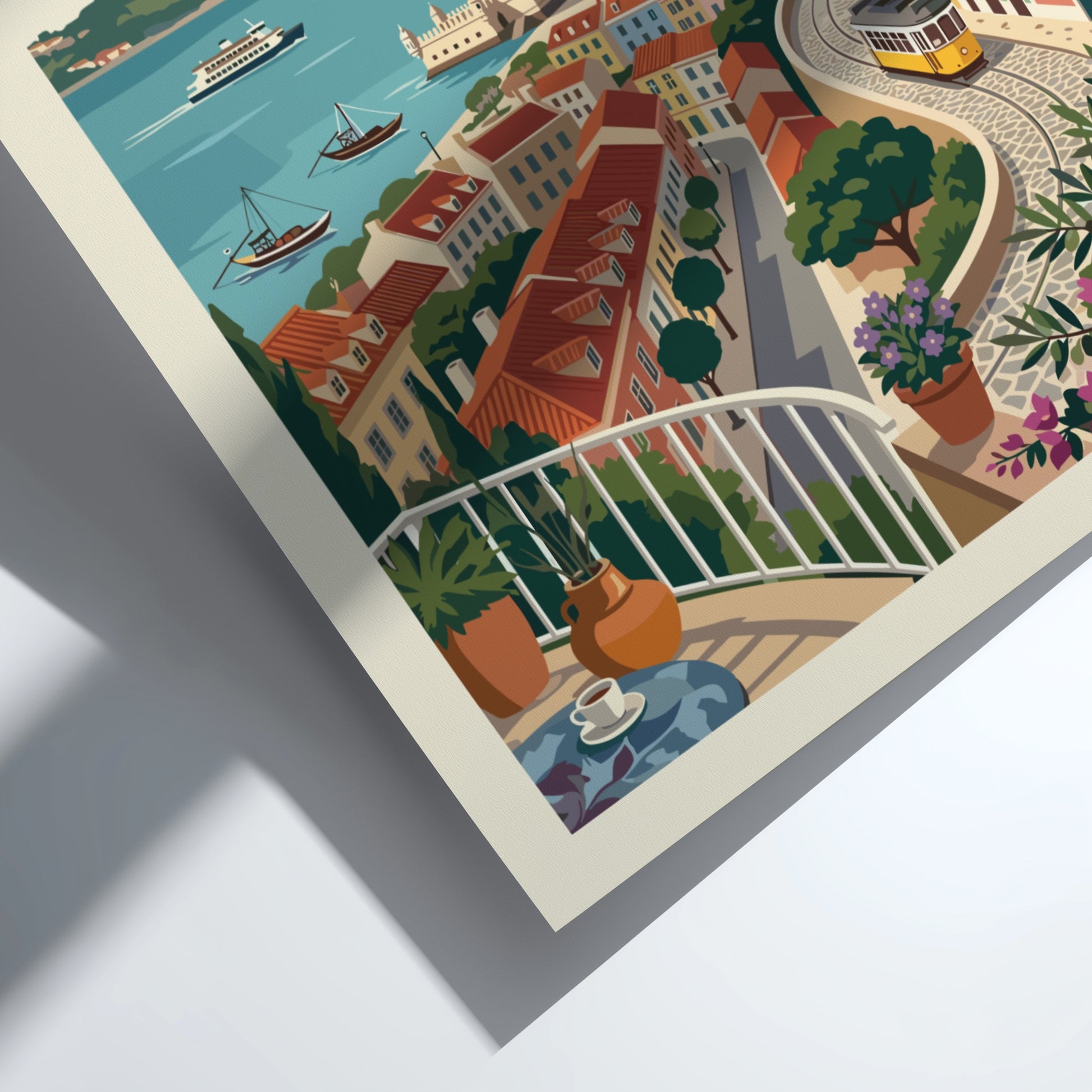 Lisbon Portugal travel poster with cityscape, river, bridge, and tram in a retro style.