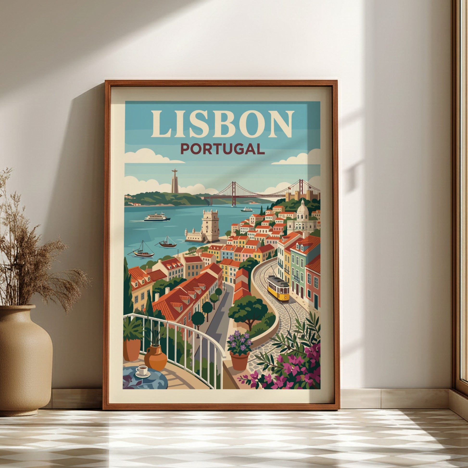 Lisbon Portugal travel poster with cityscape, river, bridge, and tram in a retro style.