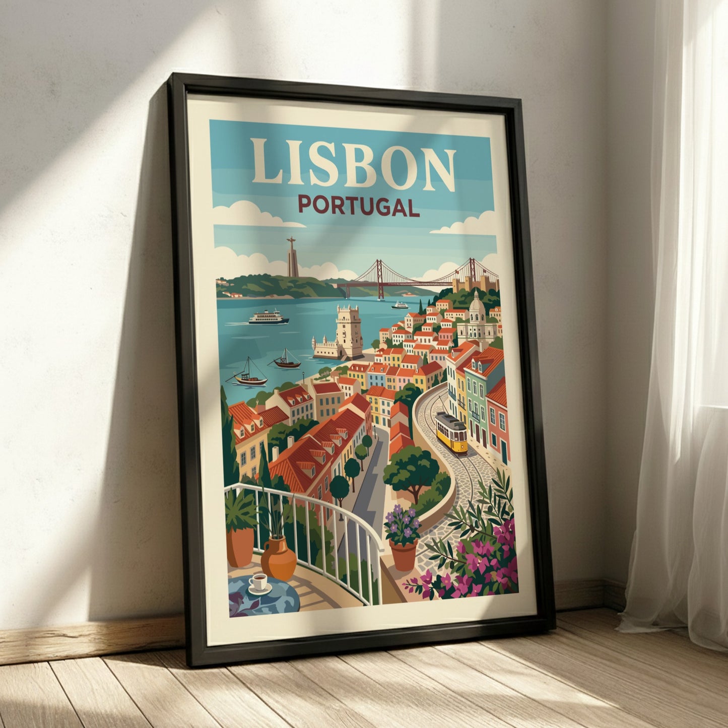 Lisbon Portugal travel poster with cityscape, river, bridge, and tram in a retro style.