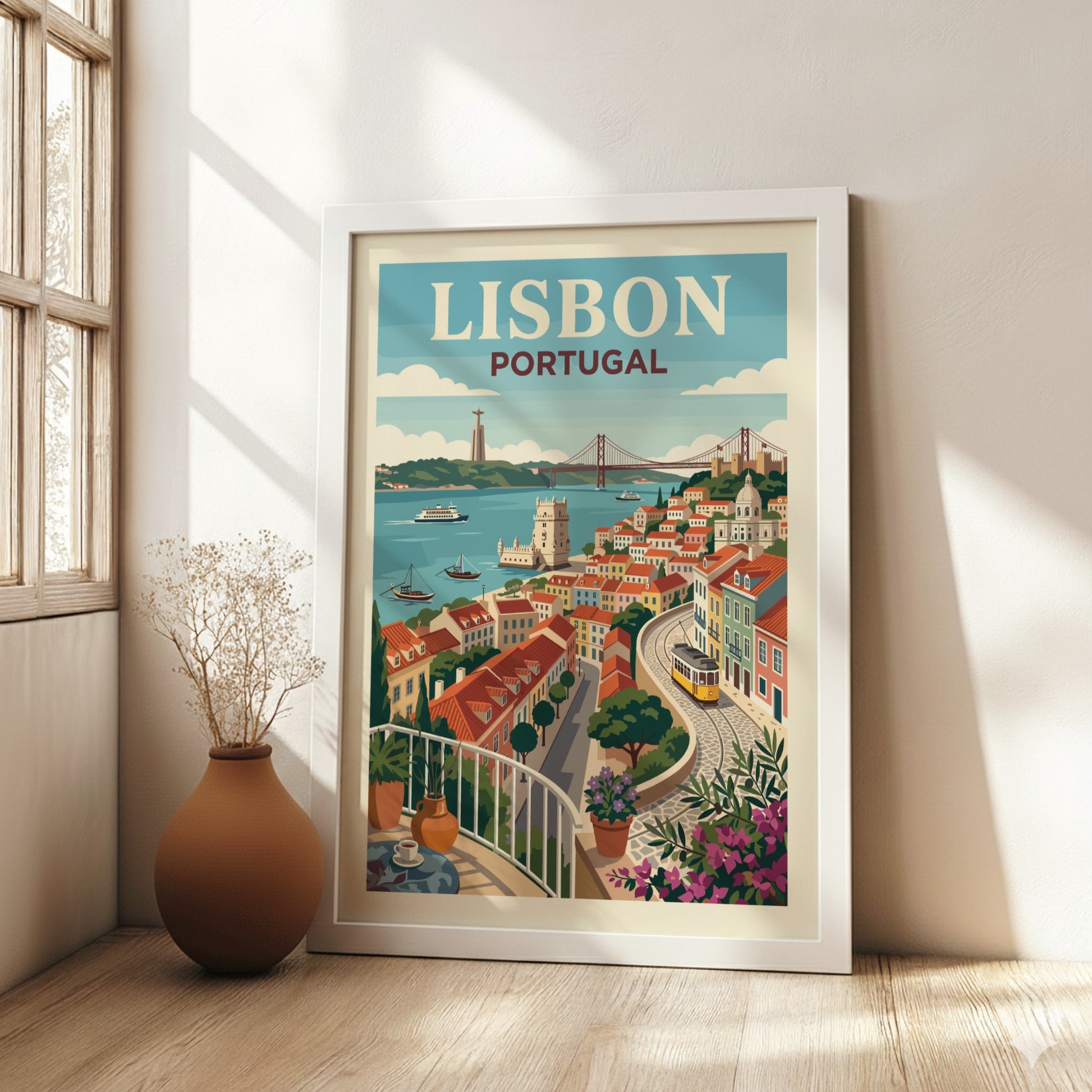 Lisbon Portugal travel poster with cityscape, river, bridge, and tram in a retro style.