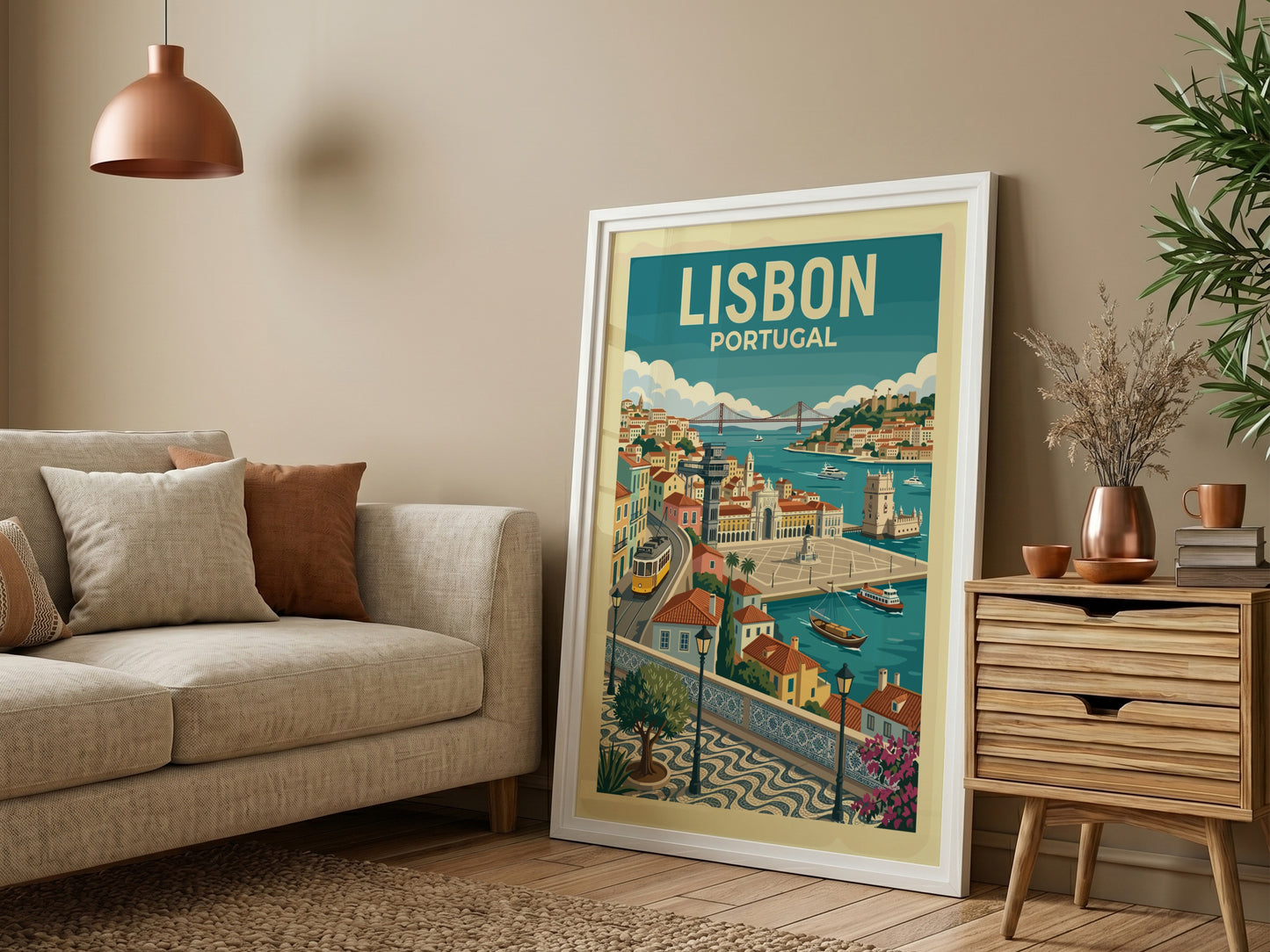 Lisbon travel poster featuring a vintage illustration of the city's waterfront, tram, and architecture.