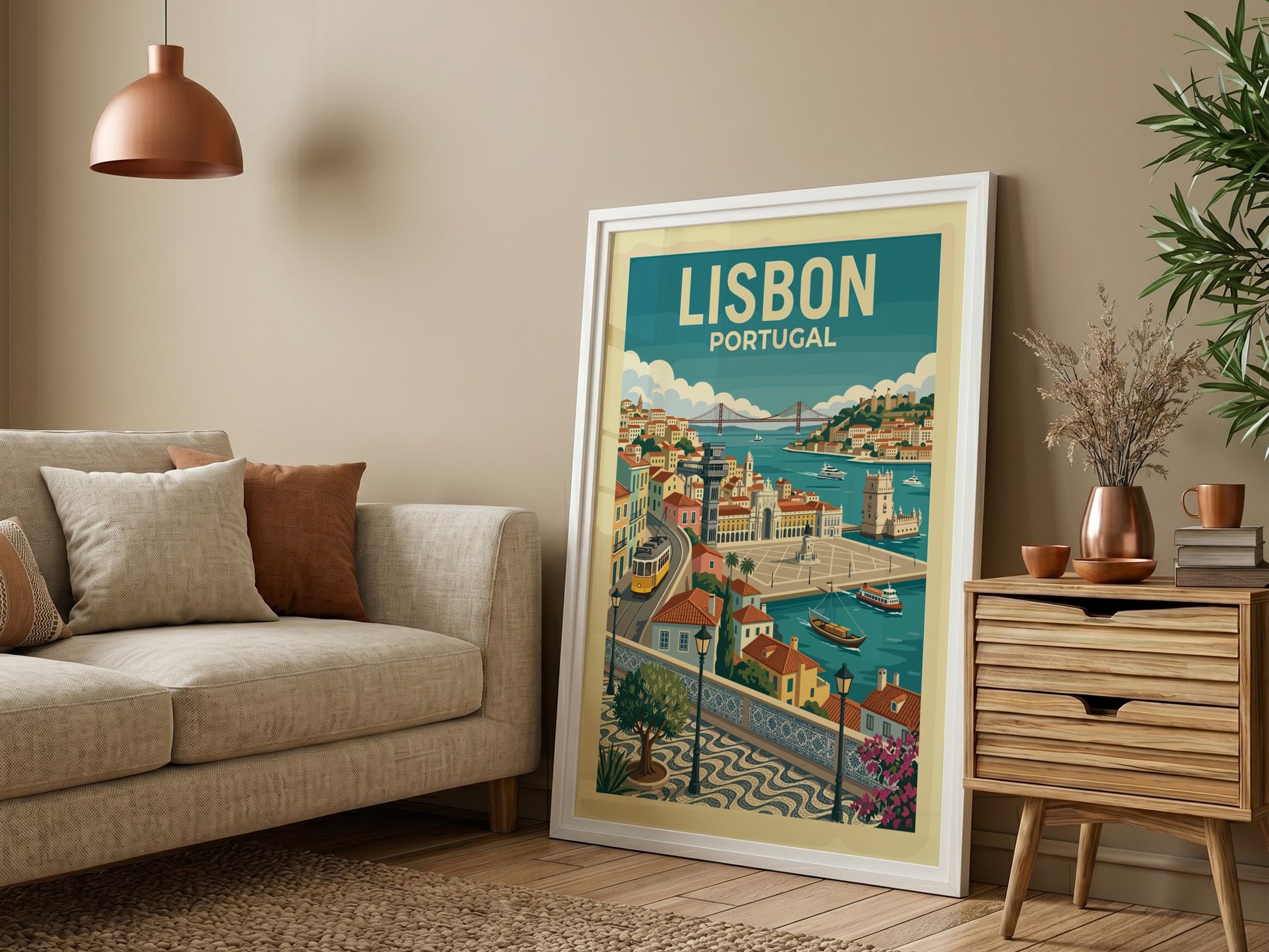 Lisbon travel poster featuring a vintage illustration of the city's waterfront, tram, and architecture.