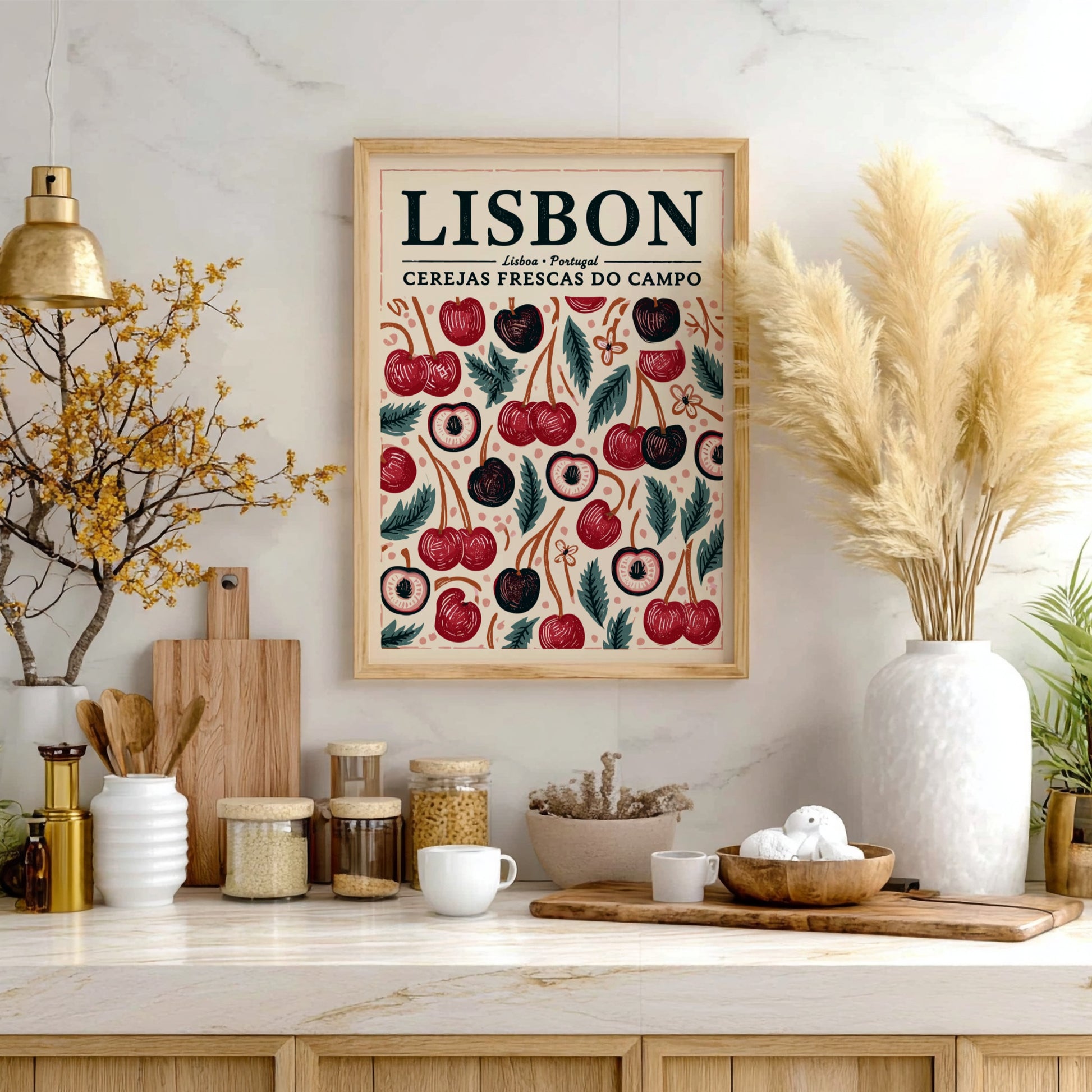 Kitchen poster featuring vibrant cherries and greenery in red and green colors.