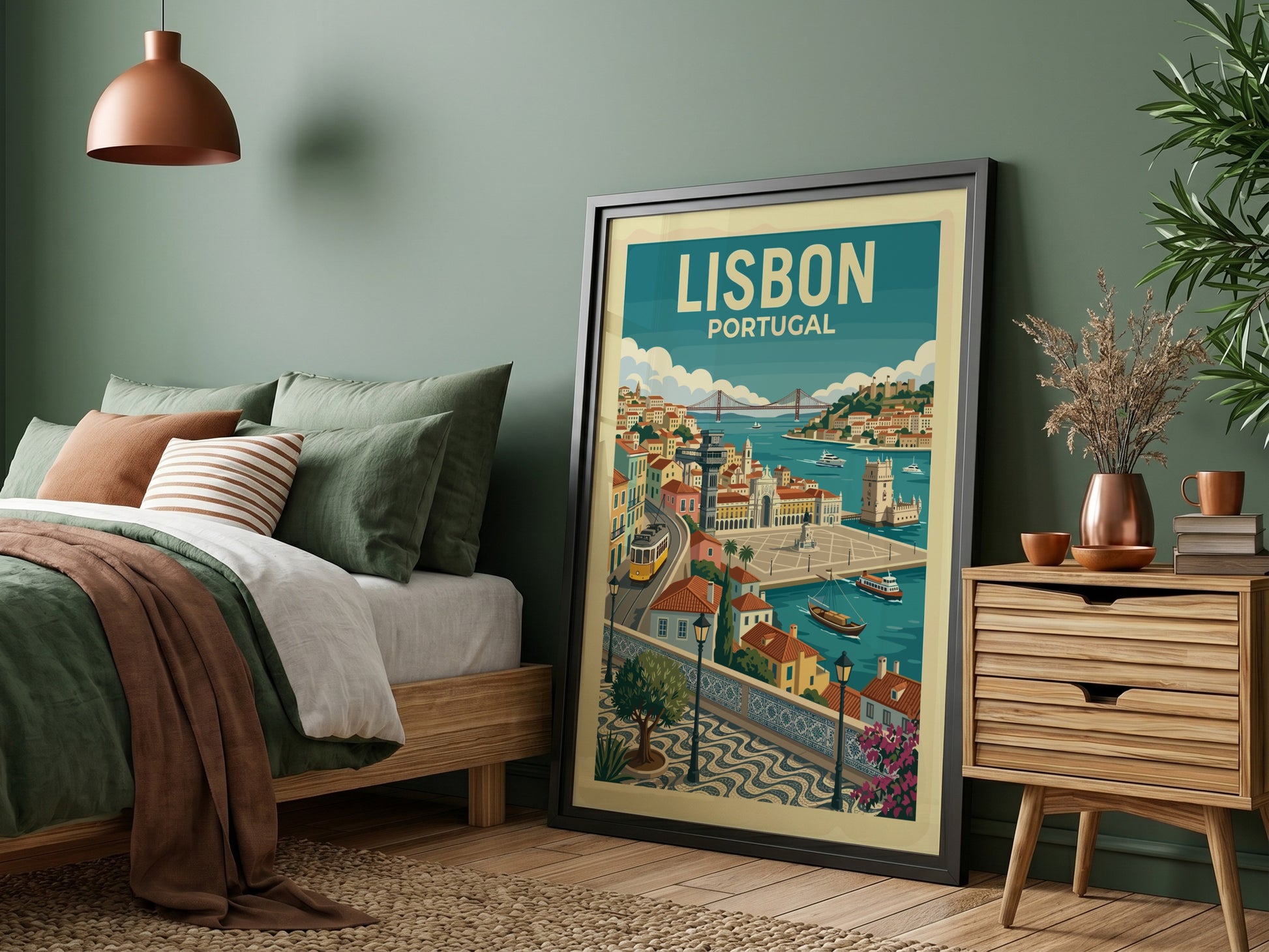 Lisbon travel poster featuring a vintage illustration of the city's waterfront, tram, and architecture.