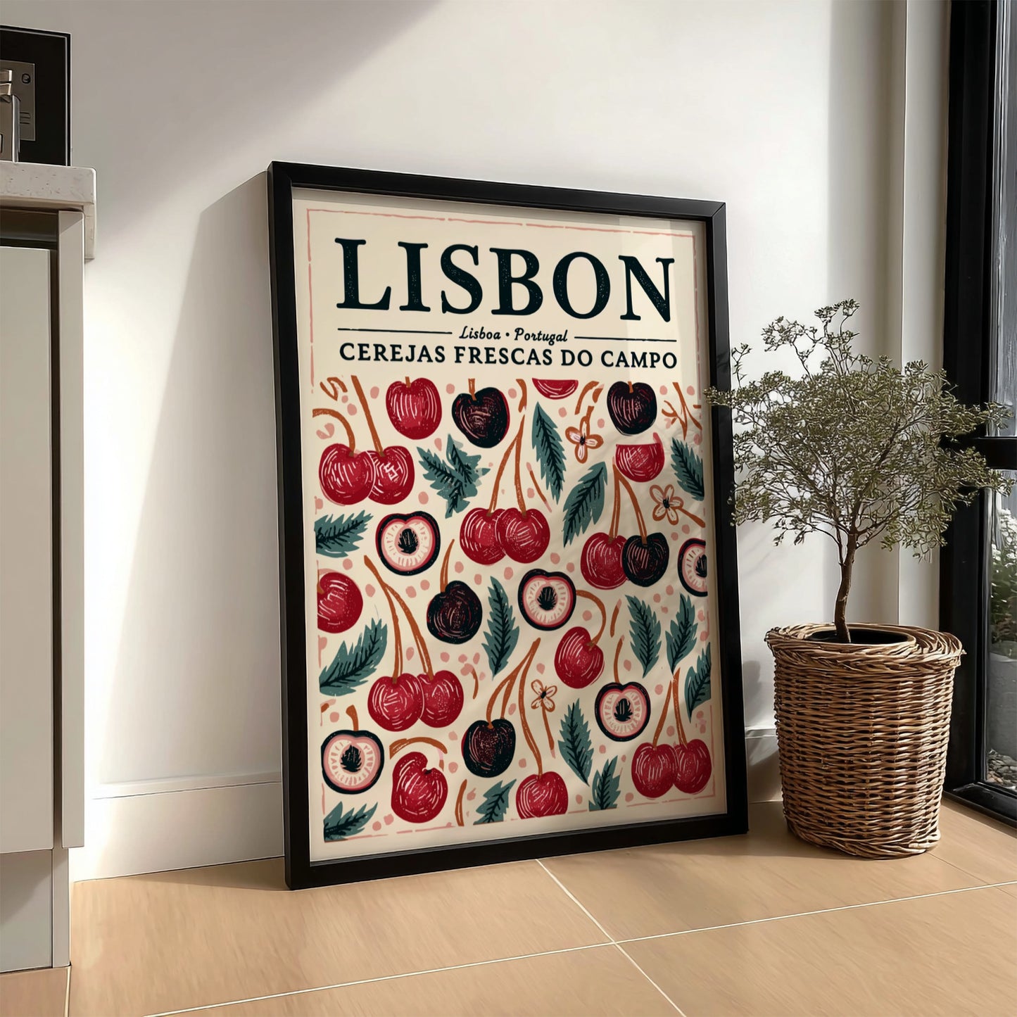 Kitchen poster featuring vibrant cherries and greenery in red and green colors.