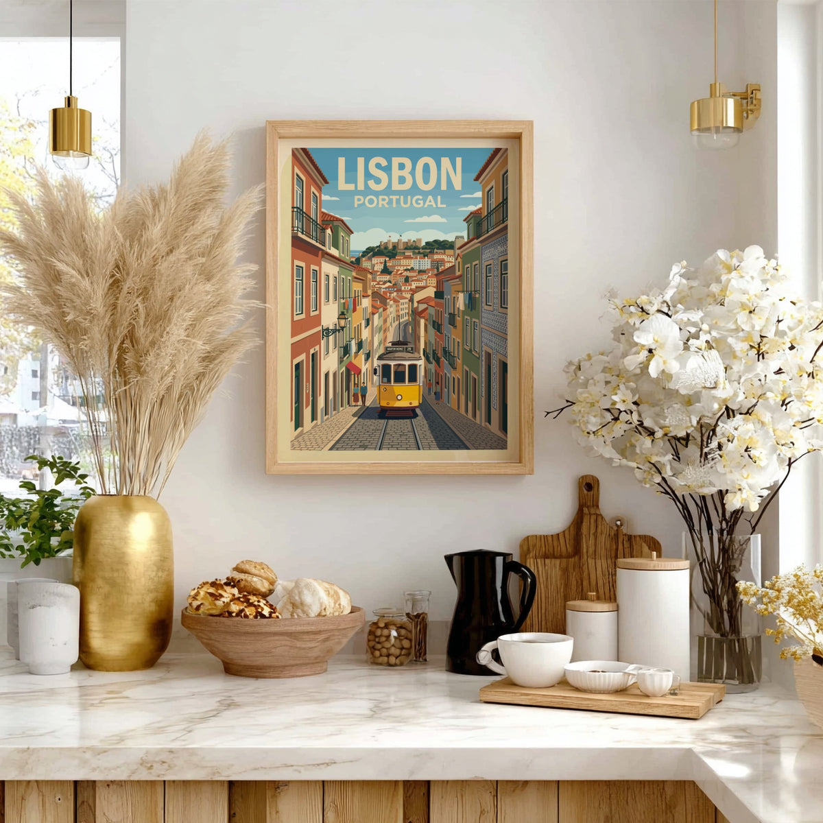 Lisbon Portugal travel poster featuring a yellow tram on a cobblestone street scene