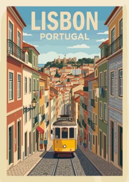 Lisbon Portugal travel poster featuring a yellow tram on a cobblestone street scene