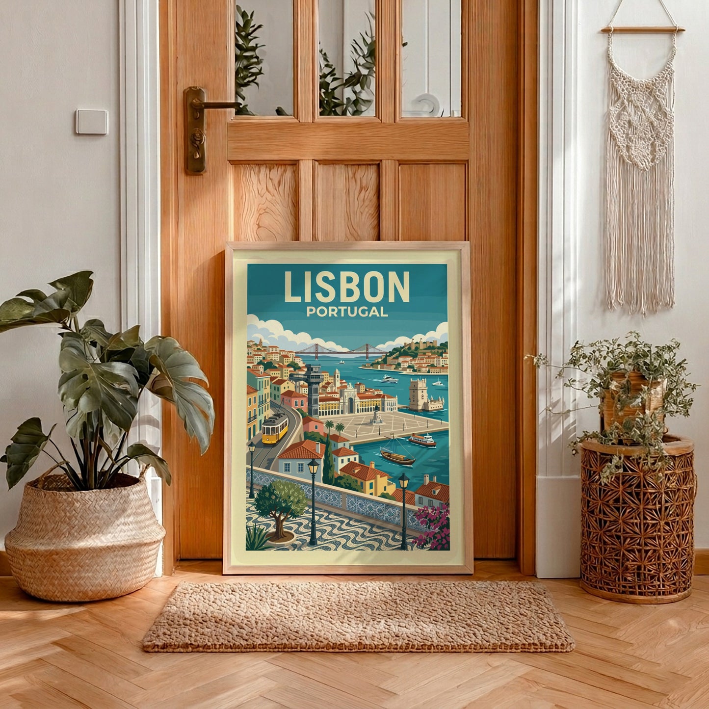 Lisbon travel poster featuring a vintage illustration of the city's waterfront, tram, and architecture.