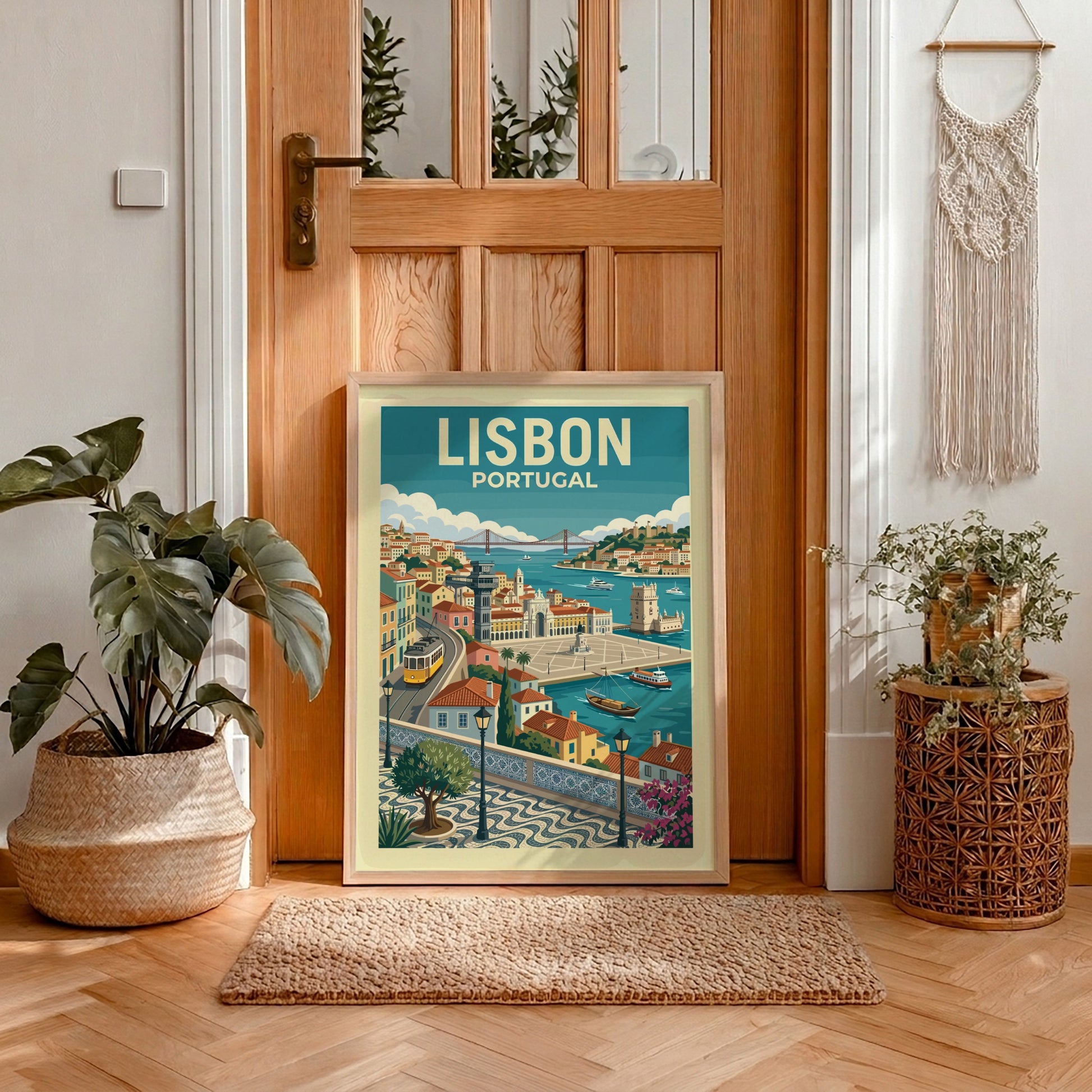 Lisbon travel poster featuring a vintage illustration of the city's waterfront, tram, and architecture.