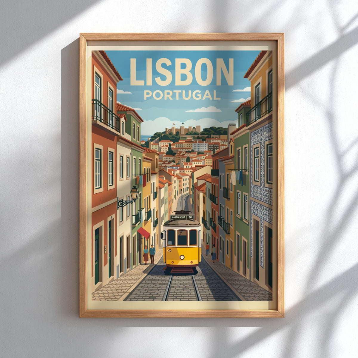 Lisbon Portugal travel poster featuring a yellow tram on a cobblestone street scene