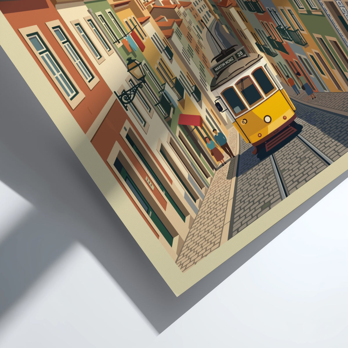 Lisbon Portugal travel poster featuring a yellow tram on a cobblestone street scene