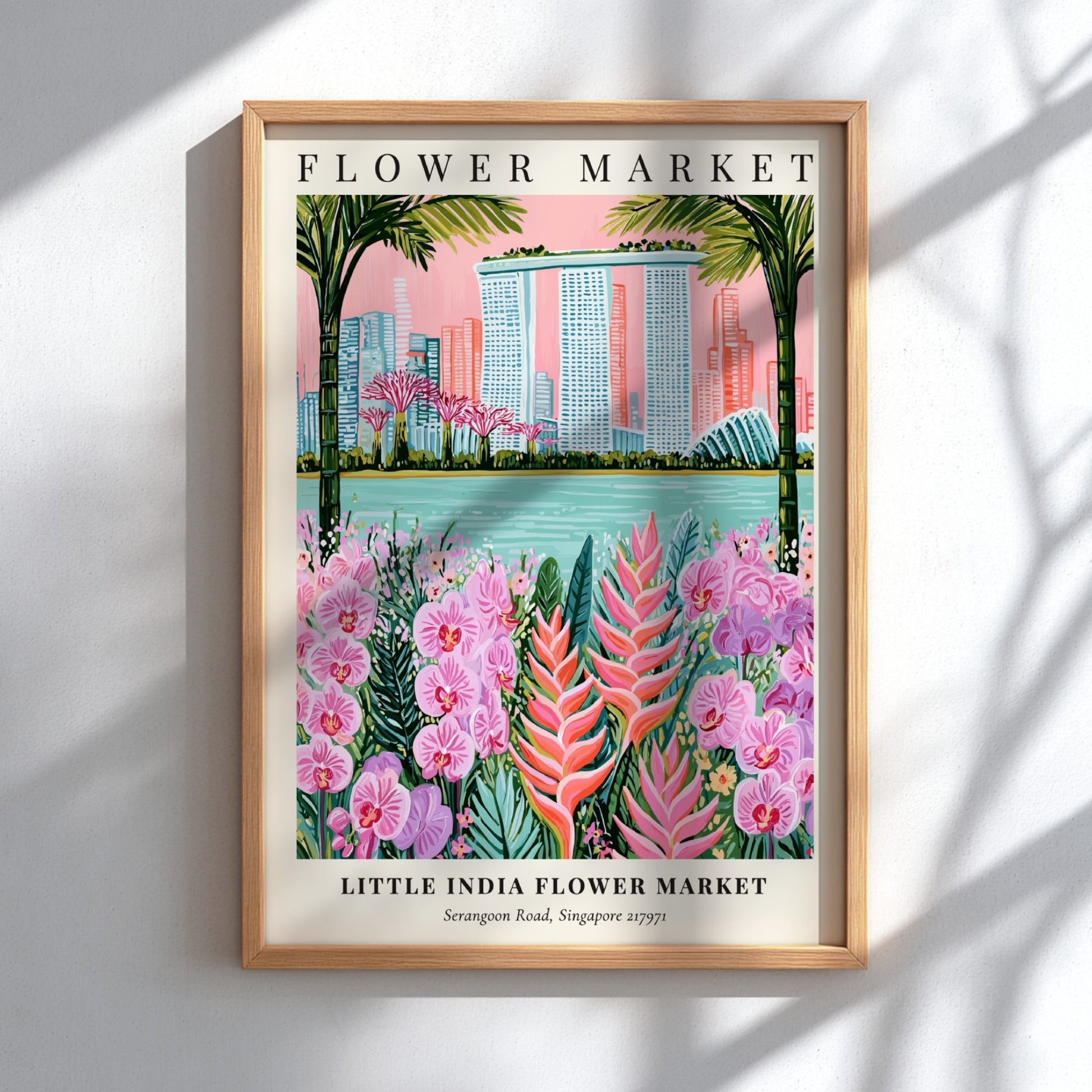 Floral wall art featuring vibrant flowers and Singapore skyline in tropical colors