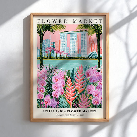 Floral wall art featuring vibrant flowers and Singapore skyline in tropical colors