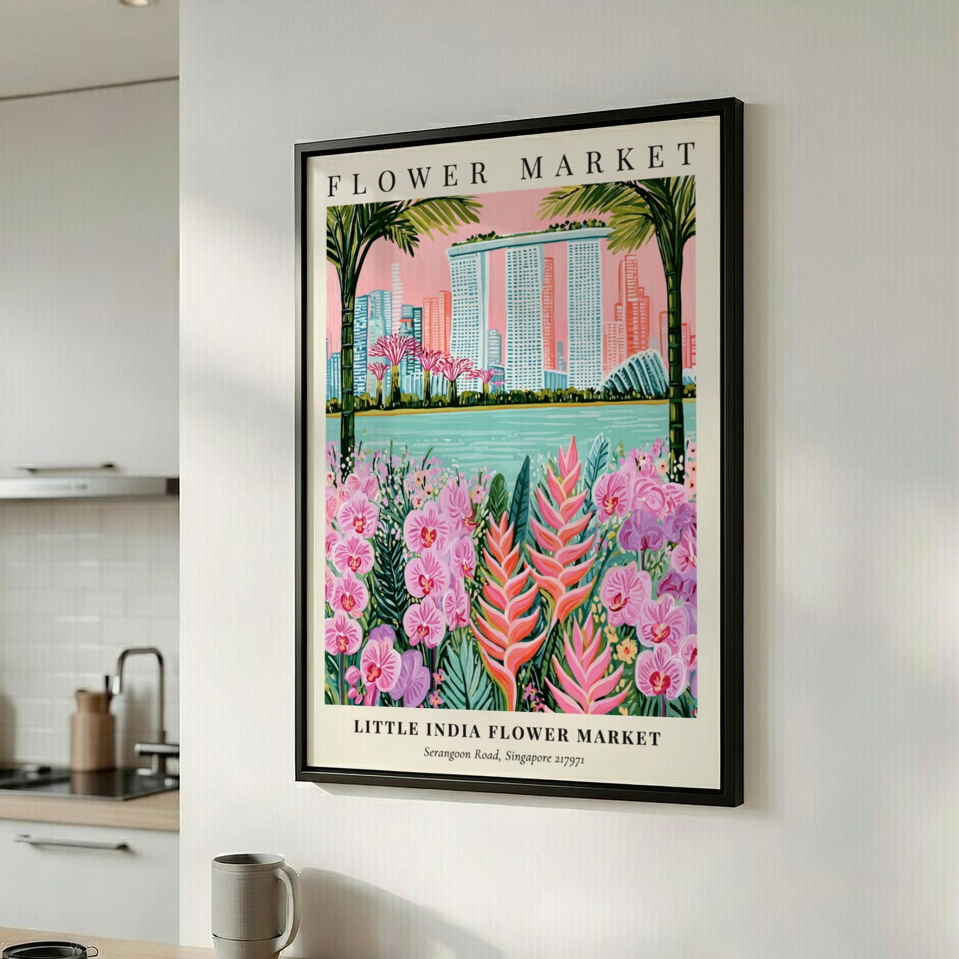 Floral wall art featuring vibrant flowers and Singapore skyline in tropical colors