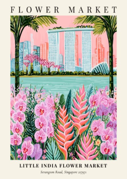 Floral wall art featuring vibrant flowers and Singapore skyline in tropical colors