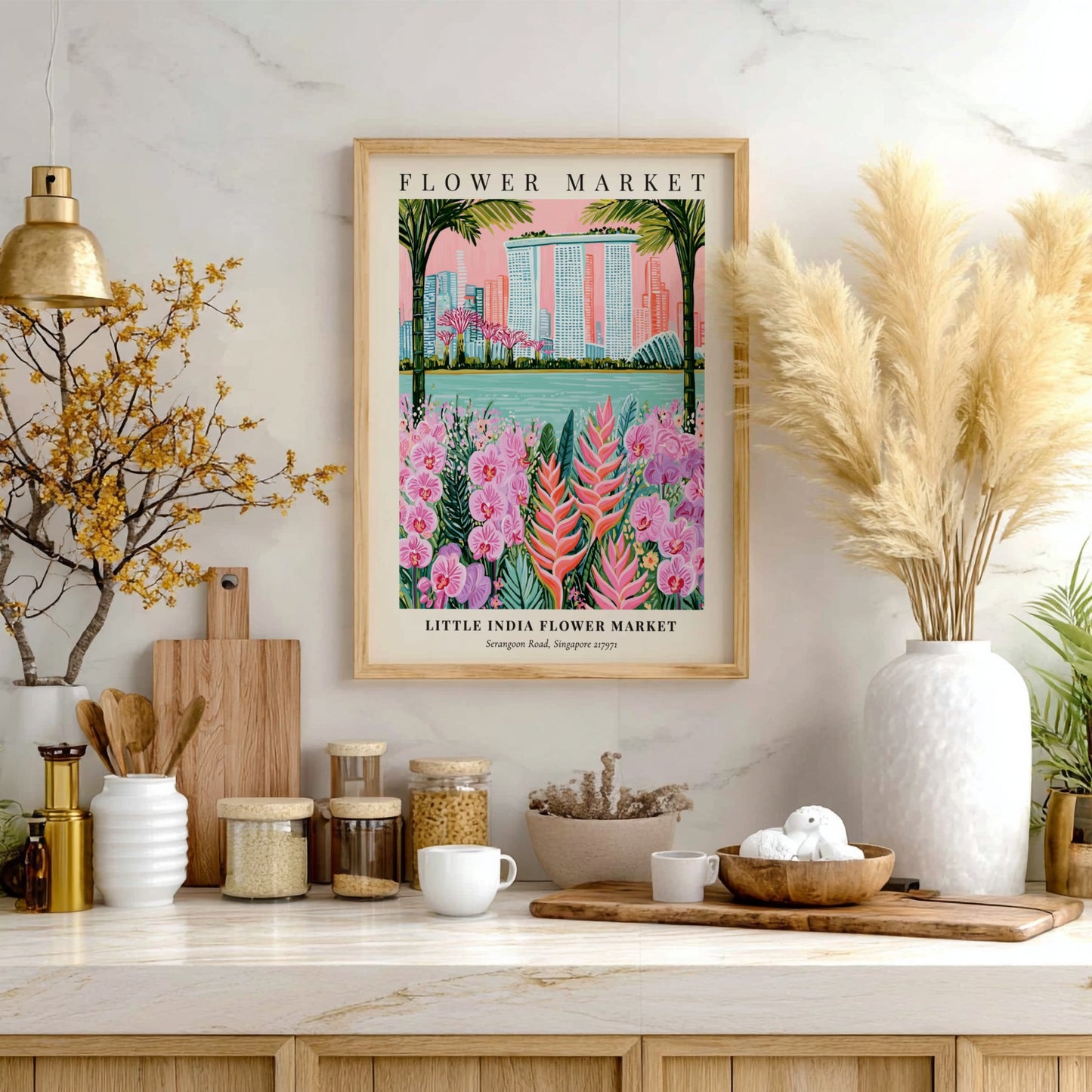 Floral wall art featuring vibrant flowers and Singapore skyline in tropical colors