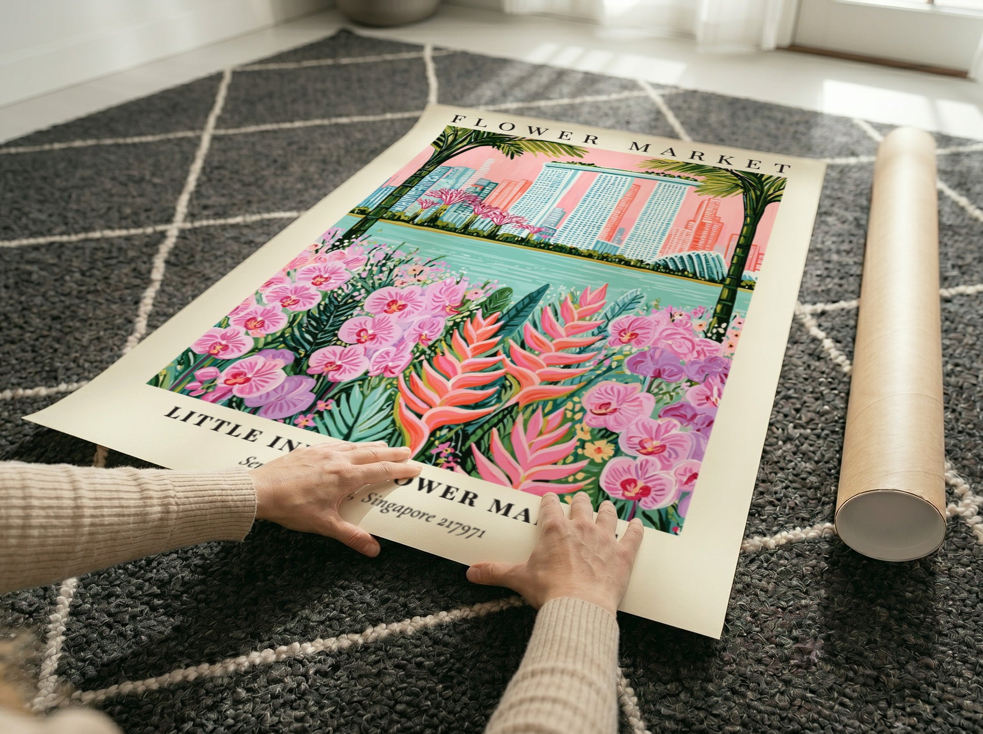 Floral wall art featuring vibrant flowers and Singapore skyline in tropical colors