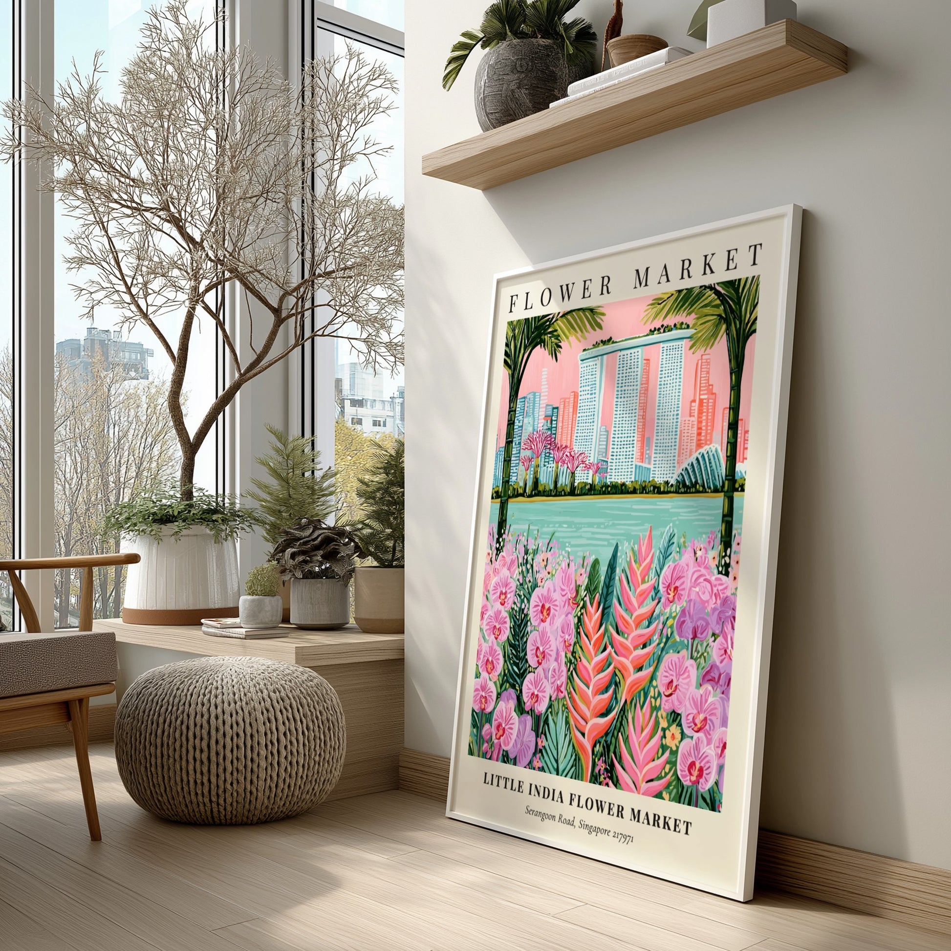 Floral wall art featuring vibrant flowers and Singapore skyline in tropical colors