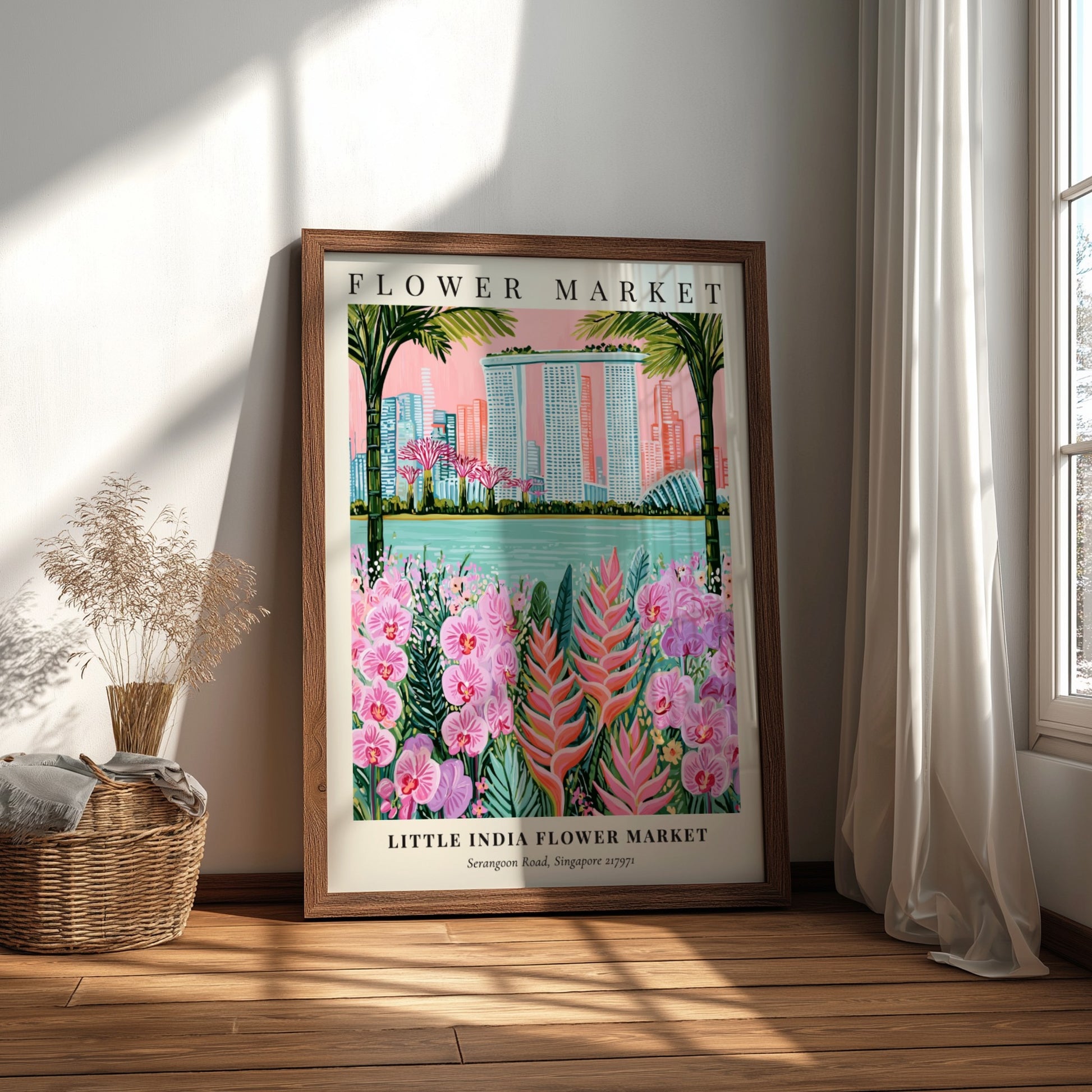 Floral wall art featuring vibrant flowers and Singapore skyline in tropical colors