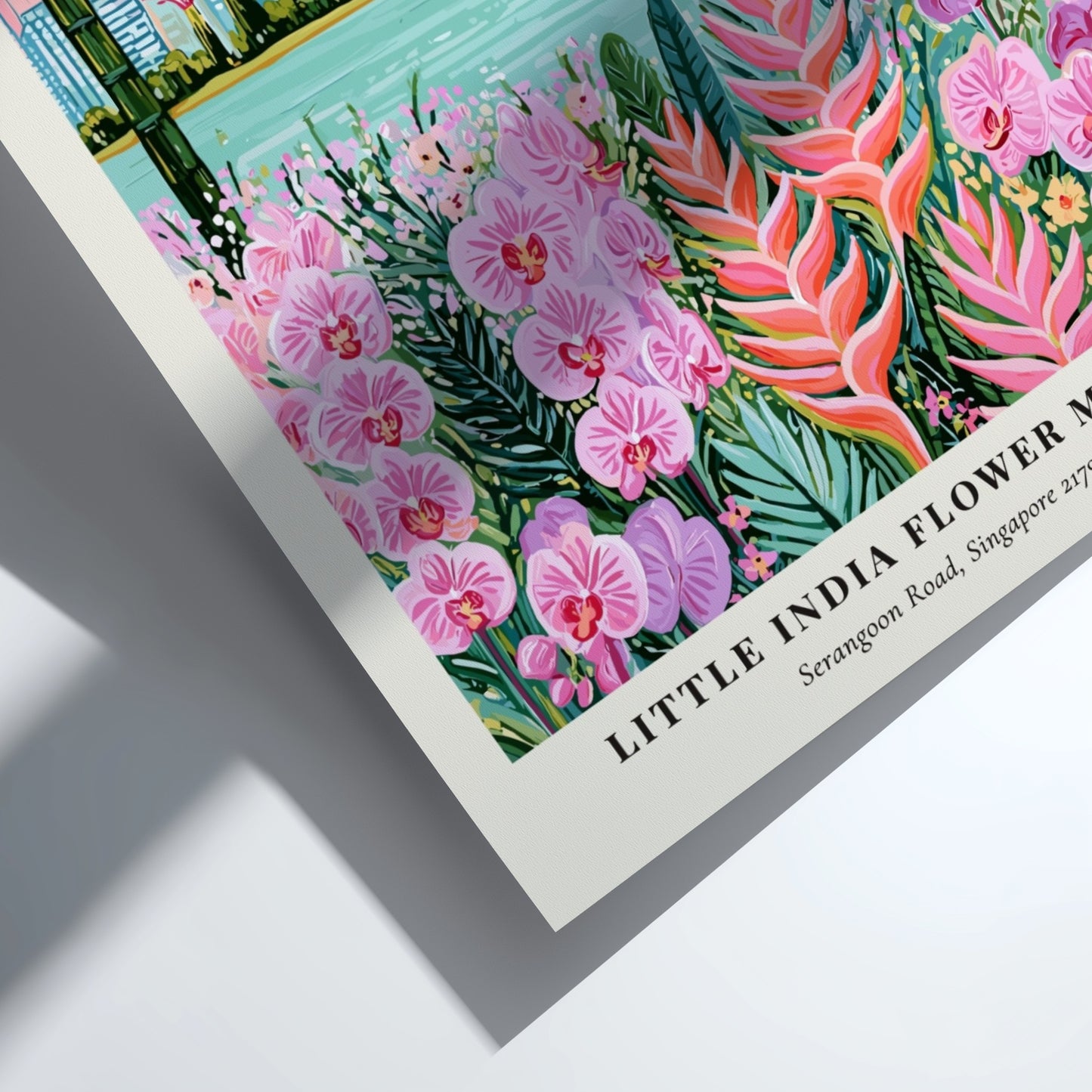 Floral wall art featuring vibrant flowers and Singapore skyline in tropical colors
