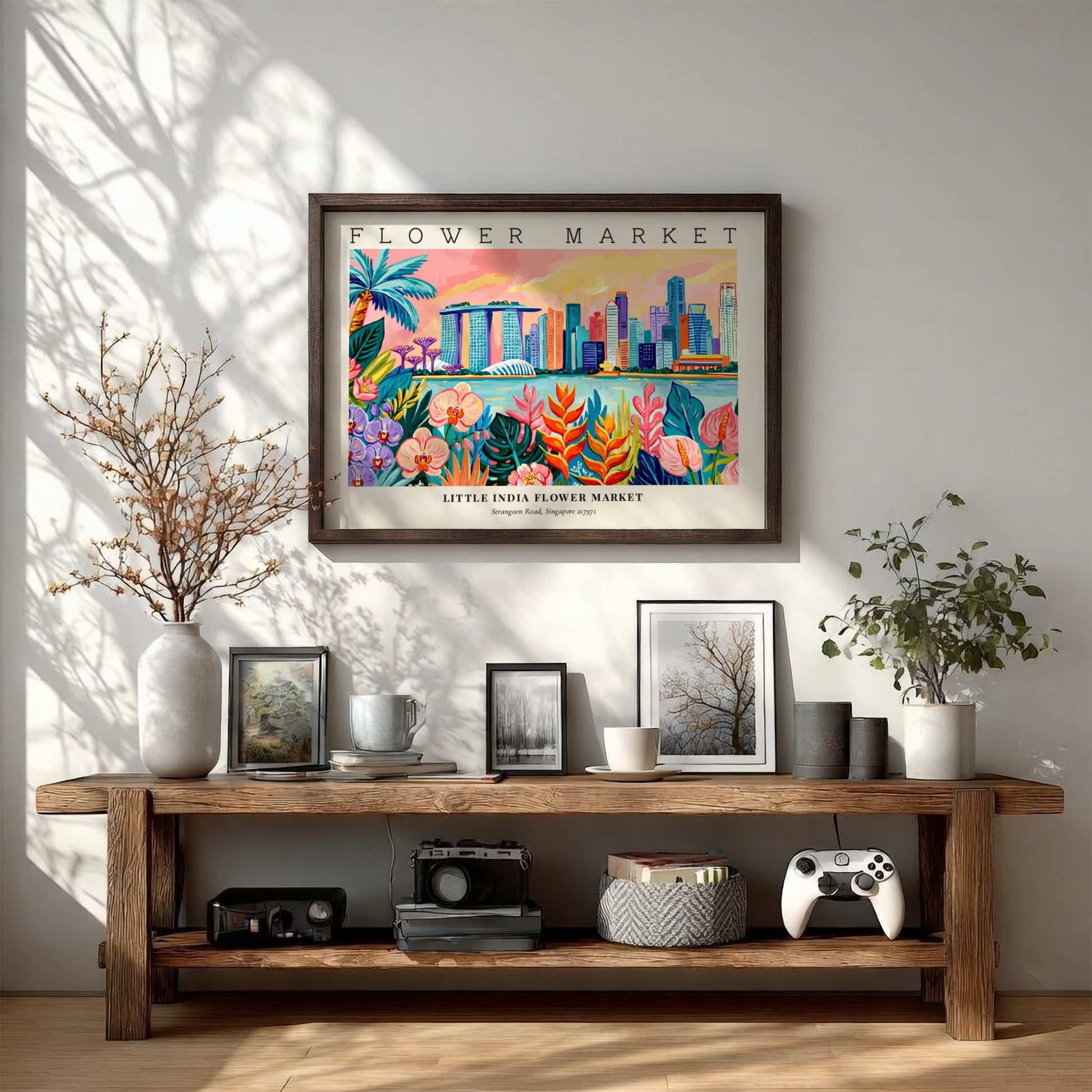 Flower market poster showcasing Little India's skyline with vibrant floral elements in warm colors