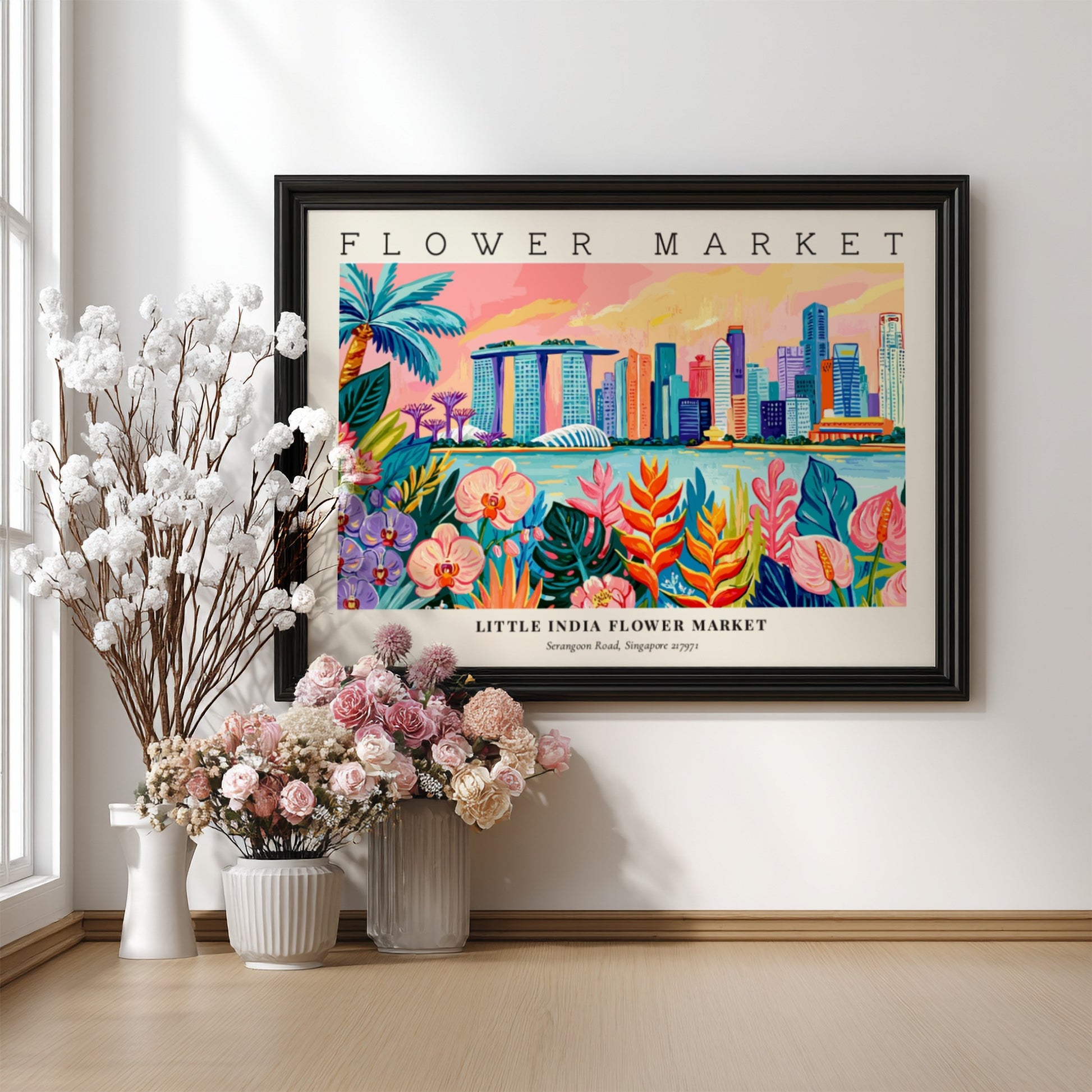 Flower market poster featuring vibrant colors and tropical flowers with a city skyline backdrop