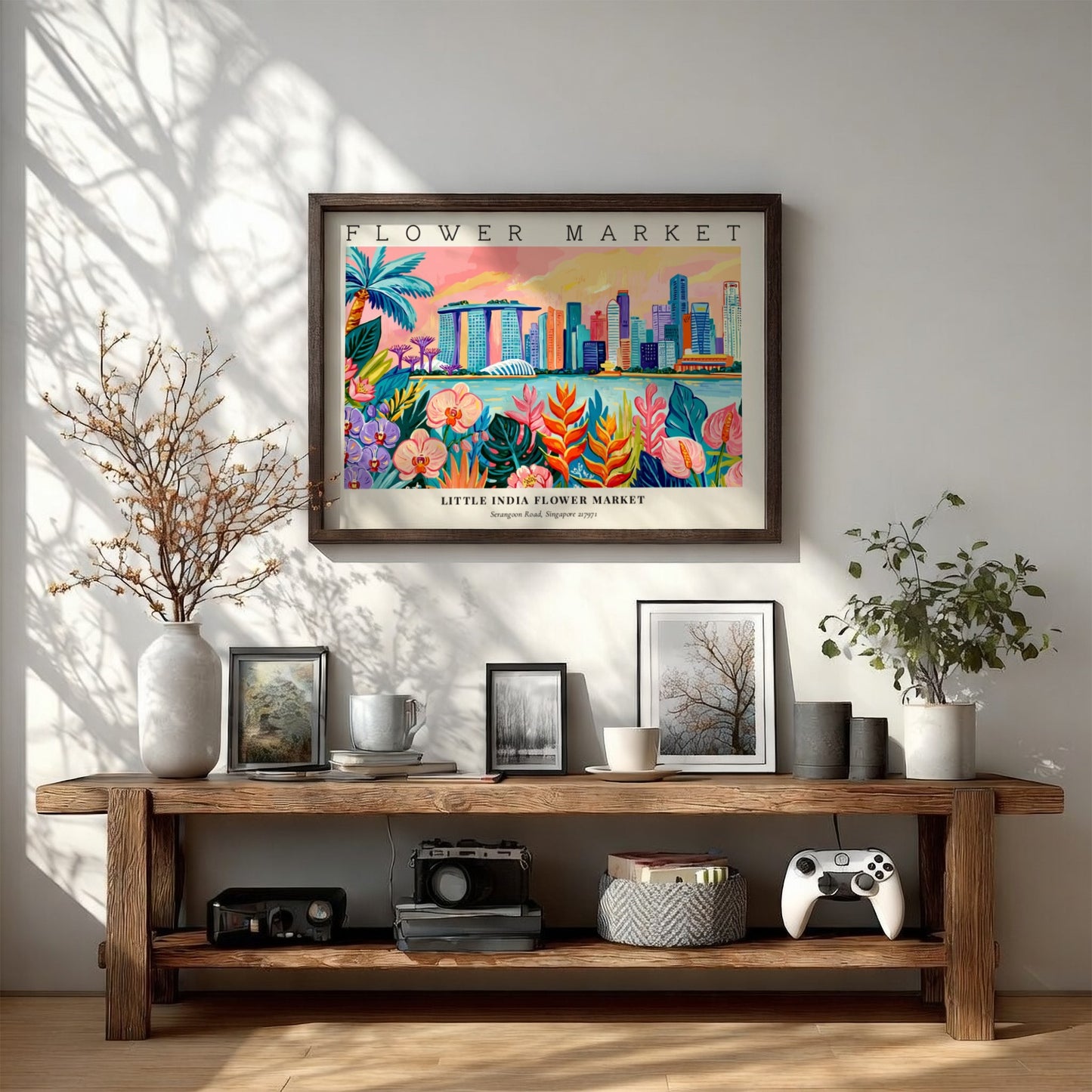 Flower market poster featuring vibrant colors and tropical flowers with a city skyline backdrop