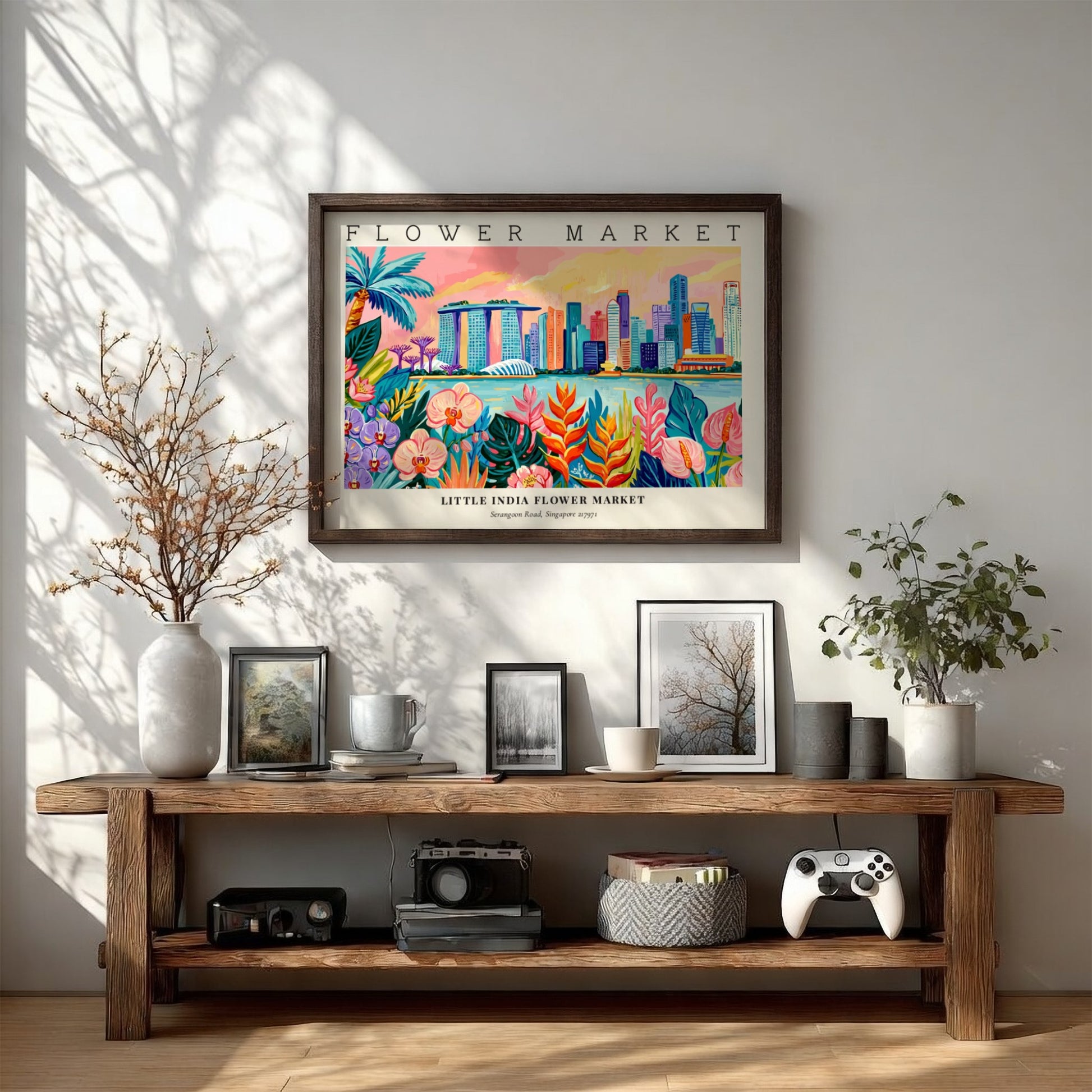 Flower market poster featuring vibrant colors and tropical flowers with a city skyline backdrop