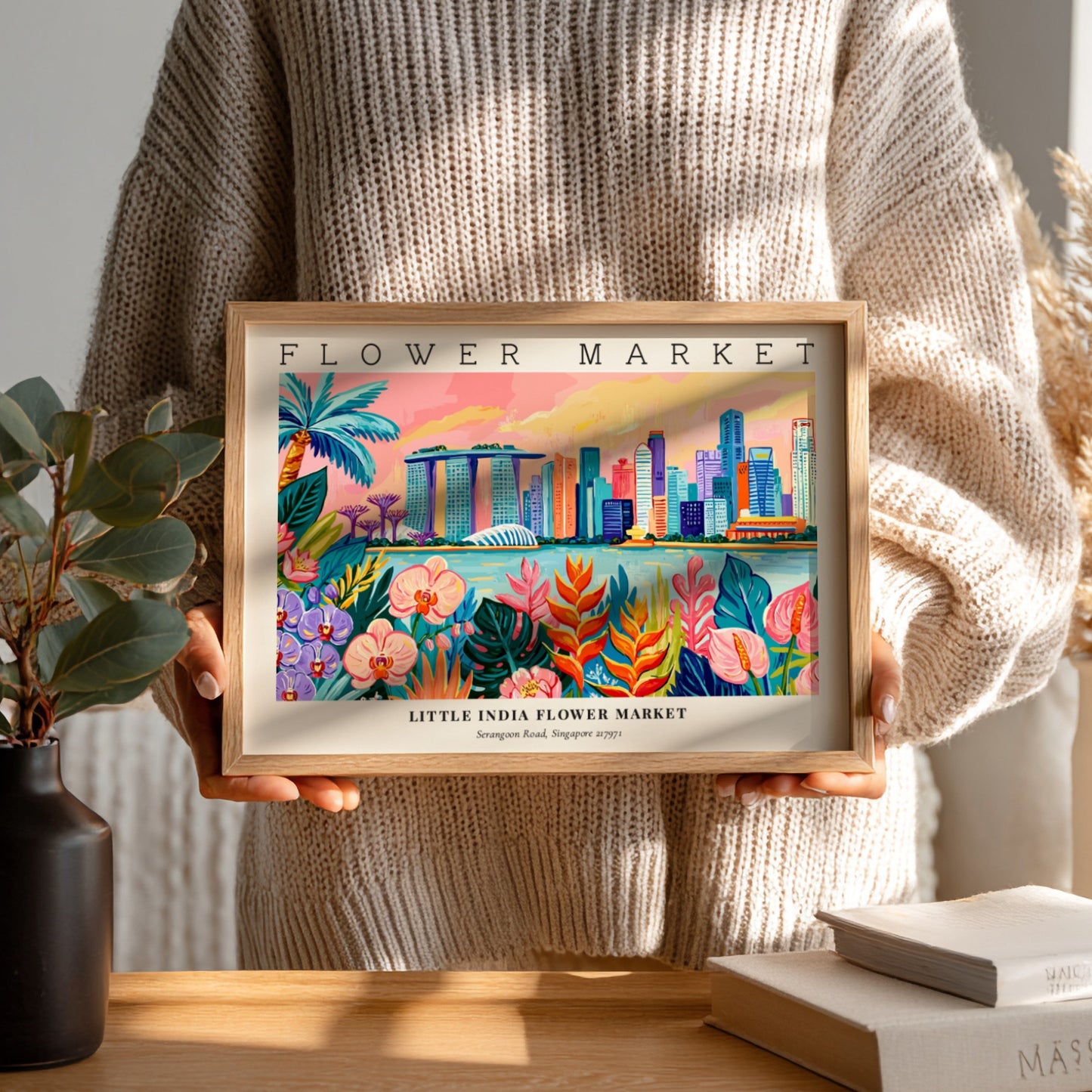 Flower market poster featuring vibrant colors and tropical flowers with a city skyline backdrop