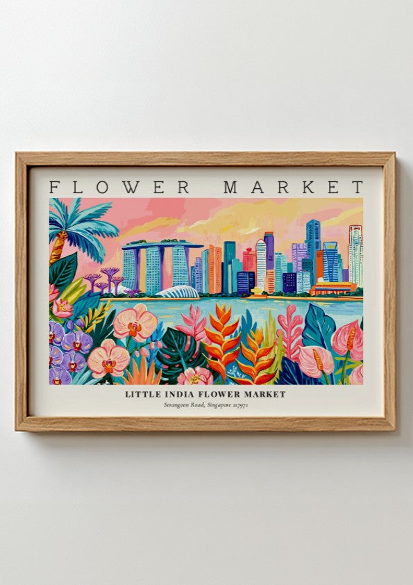 Flower market poster showcasing Little India's skyline with vibrant floral elements in warm colors