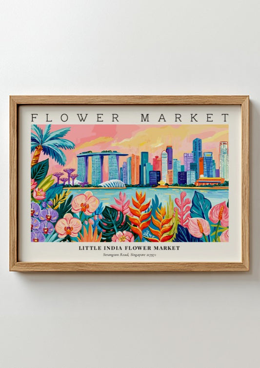 Flower market poster showcasing Little India's skyline with vibrant floral elements in warm colors