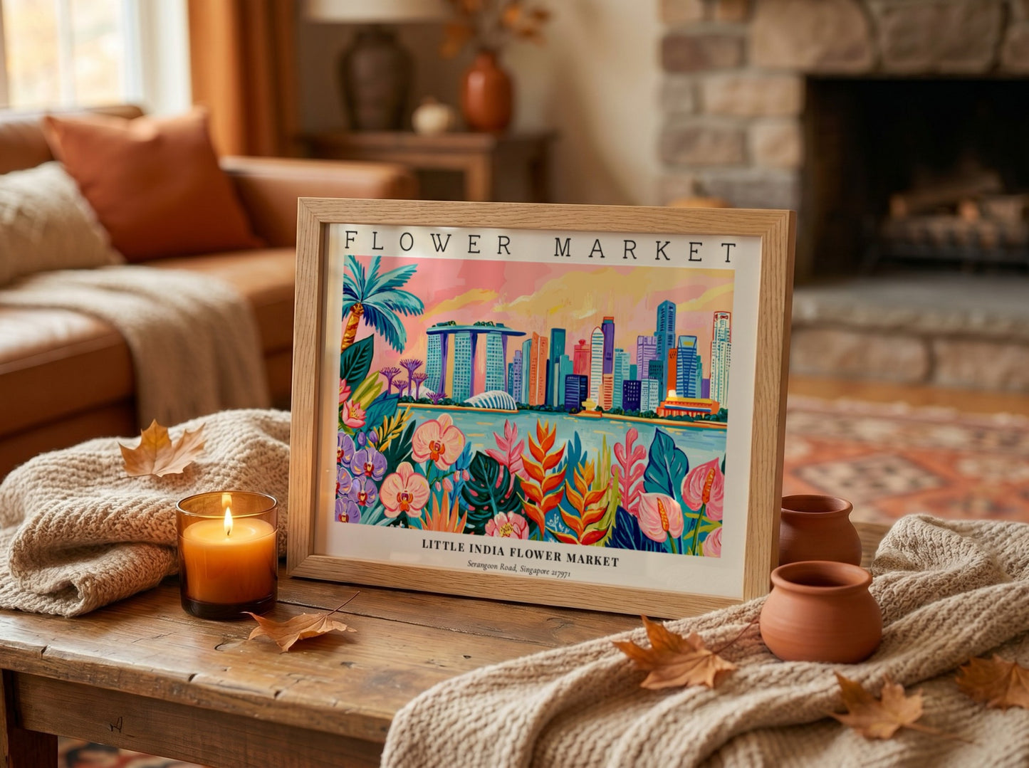 Flower market poster featuring vibrant colors and tropical flowers with a city skyline backdrop