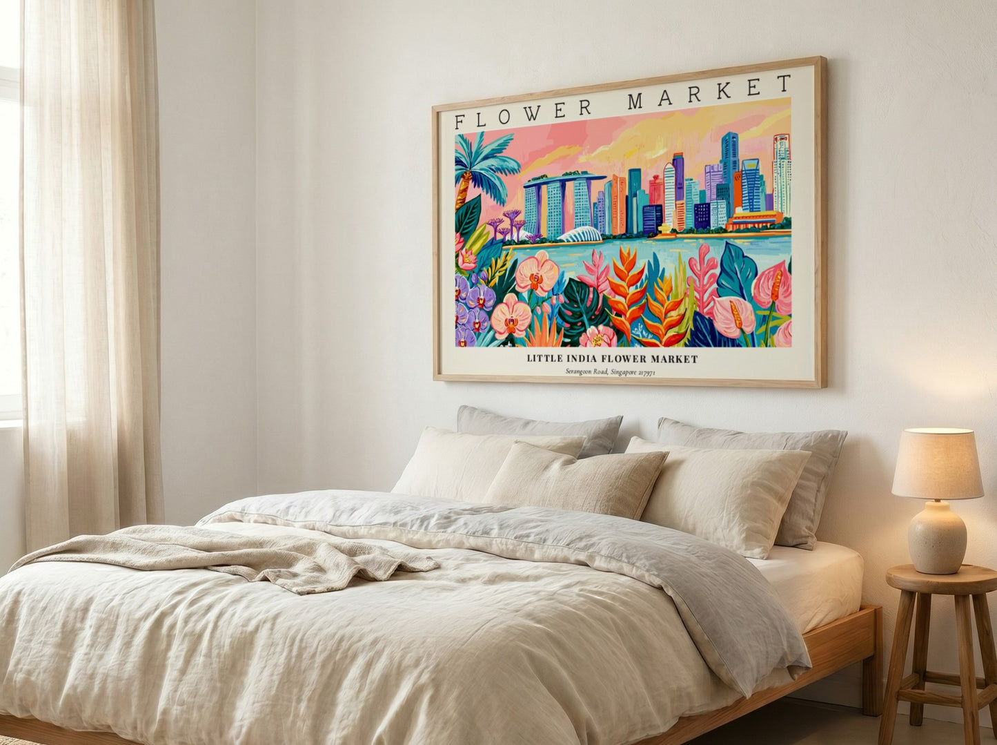 Flower market poster featuring vibrant colors and tropical flowers with a city skyline backdrop