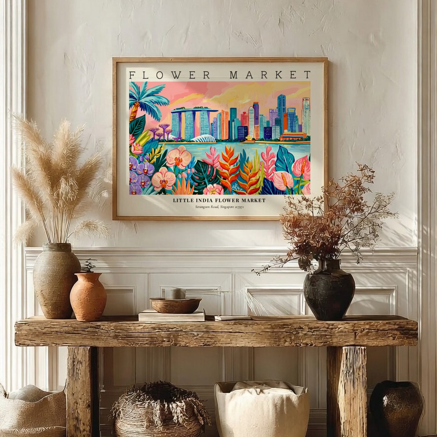 Flower market poster showcasing Little India's skyline with vibrant floral elements in warm colors
